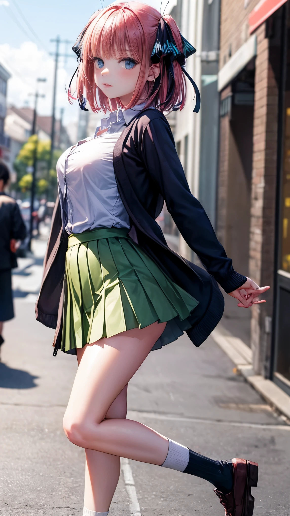 highest quality、one girl、、full body figure,big 、big tits perfect five fingered hands、Nino Nakano,shy face、perfect thing、big breasts、perfect arms、perfect legs、detailed description、small details、detailed face、white skin、Voluptuous legs、In town、In town、back view、look back、turn around、Pose that emphasizes the buttocks、black panties、I can see your panties、Skirt flip、lift skirt、nino nakano, short hair, bangs, blue eyes, hair ornament, hair ribbon, pink hair, blunt bangs, two side up, butterfly hair ornament,skirt, shirt, long sleeves, white shirt, pleated skirt, open clothes, collared shirt, sleeves past wrists, dress shirt, cardigan, green skirt, open cardigan, black cardigan,white thighs socks