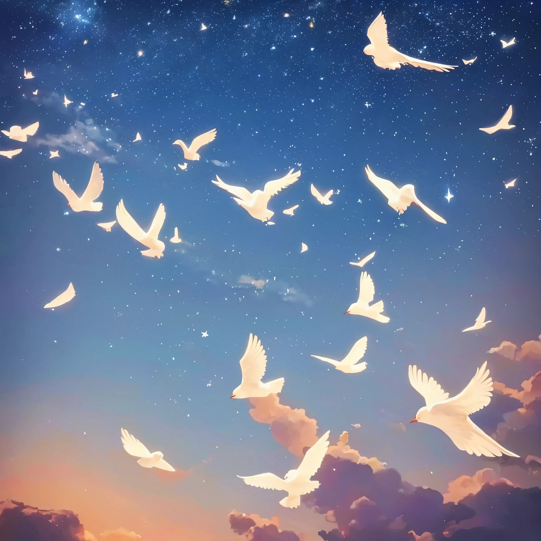 fantastic night sky clouds are floating white birds are also flying It looks like a lot of stars are shining