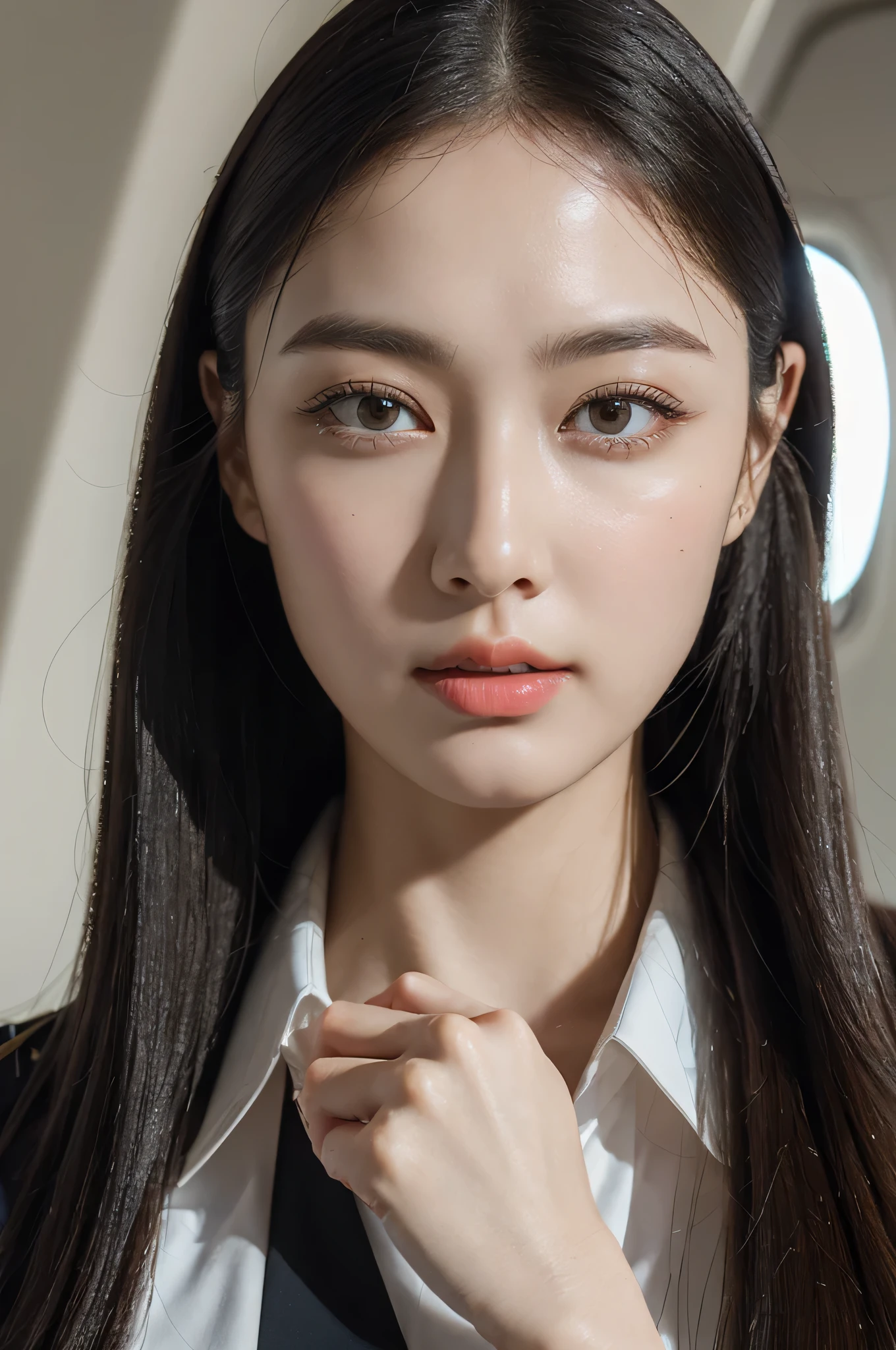 best quality, masterpiece, 8k, ultra high resolution, (lifelike:1.4), Very detailed, intricate details, Exquisite and beautiful, good lighting, professional lighting, sharp focus, Detailed shadows, Exquisite details and textures, depth of field, unified 8k wallpaper, work, Cinema lighting, official art, all staff, Airline stewardess, black pantyhose, (airplane, (airplane走廊), airplane座椅) beautiful elegant face, Detailed face, exquisite eyes, lifelike头发, long hair, (1 girl), (Everlasting:1.3),