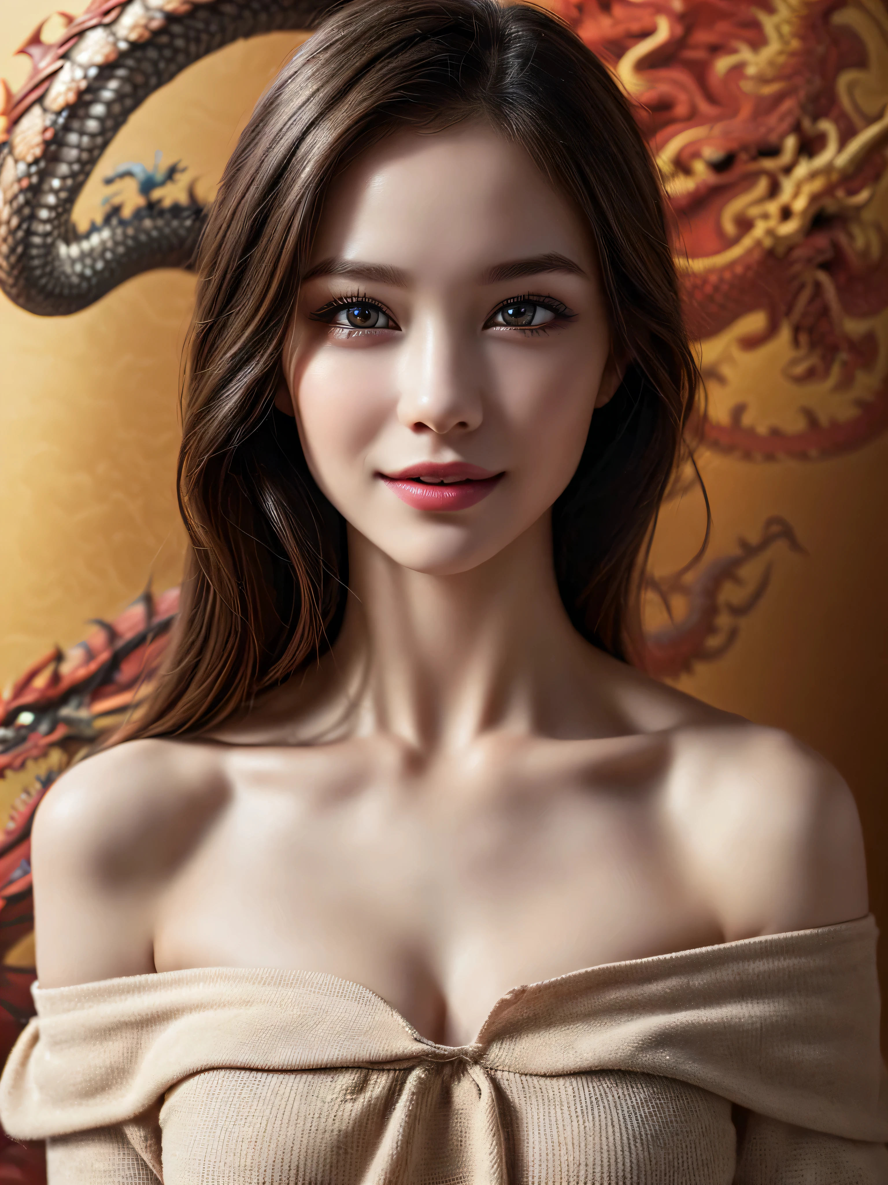 (1 girl in:1.3), (Ultra actual), (highly detailed eyes, highly detailed hair, The facial details are very rich, Delicate and plump lips), naked, (Off the shoulders), breast, Upper body, a happy expression, (best quality:1.4), original photo, (actual, photo-actual:1.37), Professional photography, film light, indoors, (brave dragon wallpaper, Amazing Dragon Wallpapers, Dragon Painting Wallpaper:1.4)