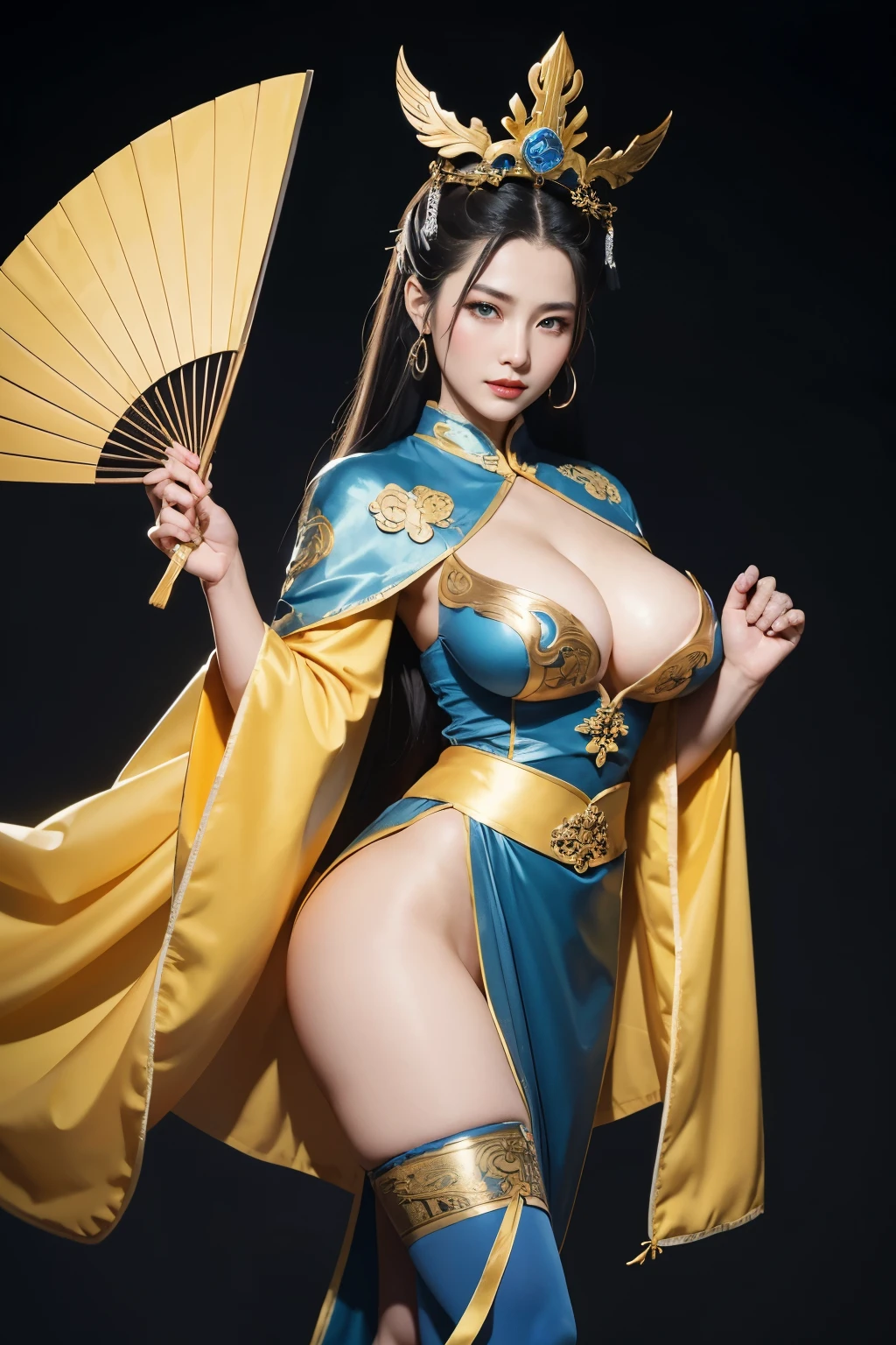 (best quality), oriental nobility,thick red lips,Highly detailed 4K eyes and faces,beautiful blue eyes ,big breasts、Bewitching thigh、Full Body Warrior,Zhuge Liang&#39;s Feminization, Gorgeous yellow costume,stockings,A woman holding a wide open fan,decorated costume,Background of the Three Kingdoms era,Woman in a feather robe