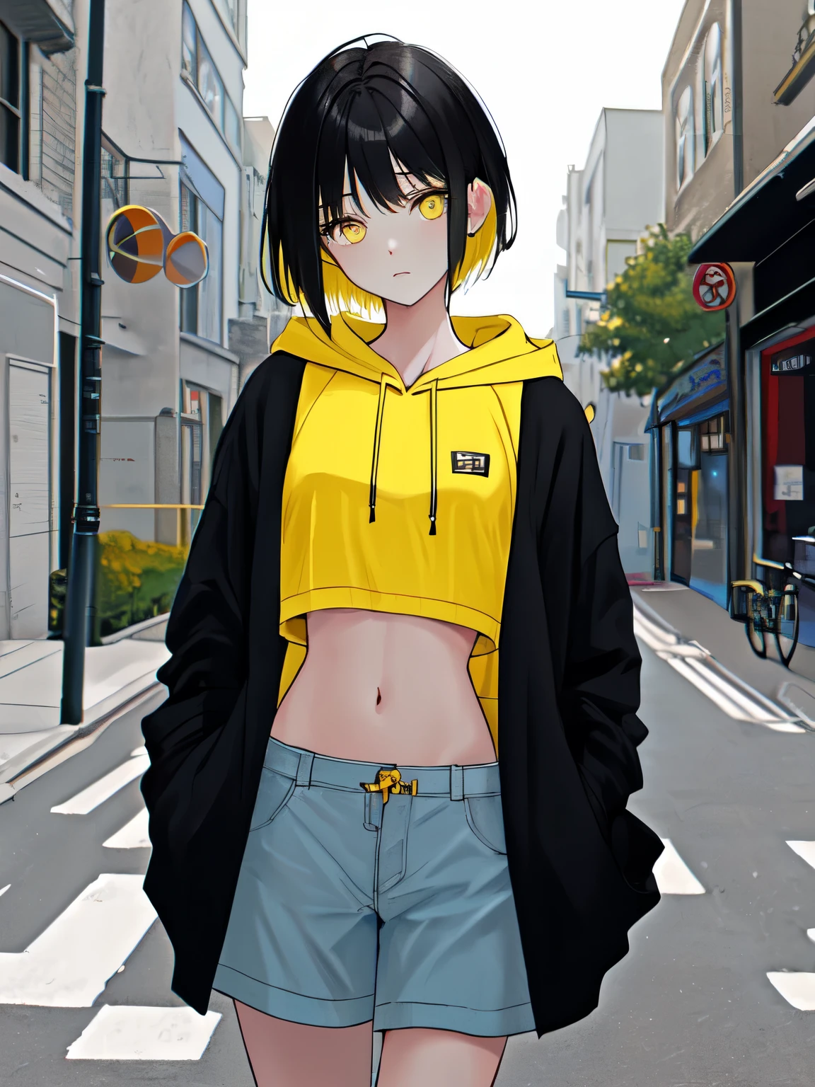 Top Quality, Top Resolution, Masterpiece, Super Detail, One Girl, Black Hair, Dark Yellow Eyes, Catlike Eyes, Light Healthy Skin, Short Hair, Wolf Cut, Highlighted Hair, Yellow Color in Random Spot in Hair, Black and Yellow (8:2
) hoodie, casual, bare belly button, white innerwear, short black boots, bottom showing, on the street, meeting