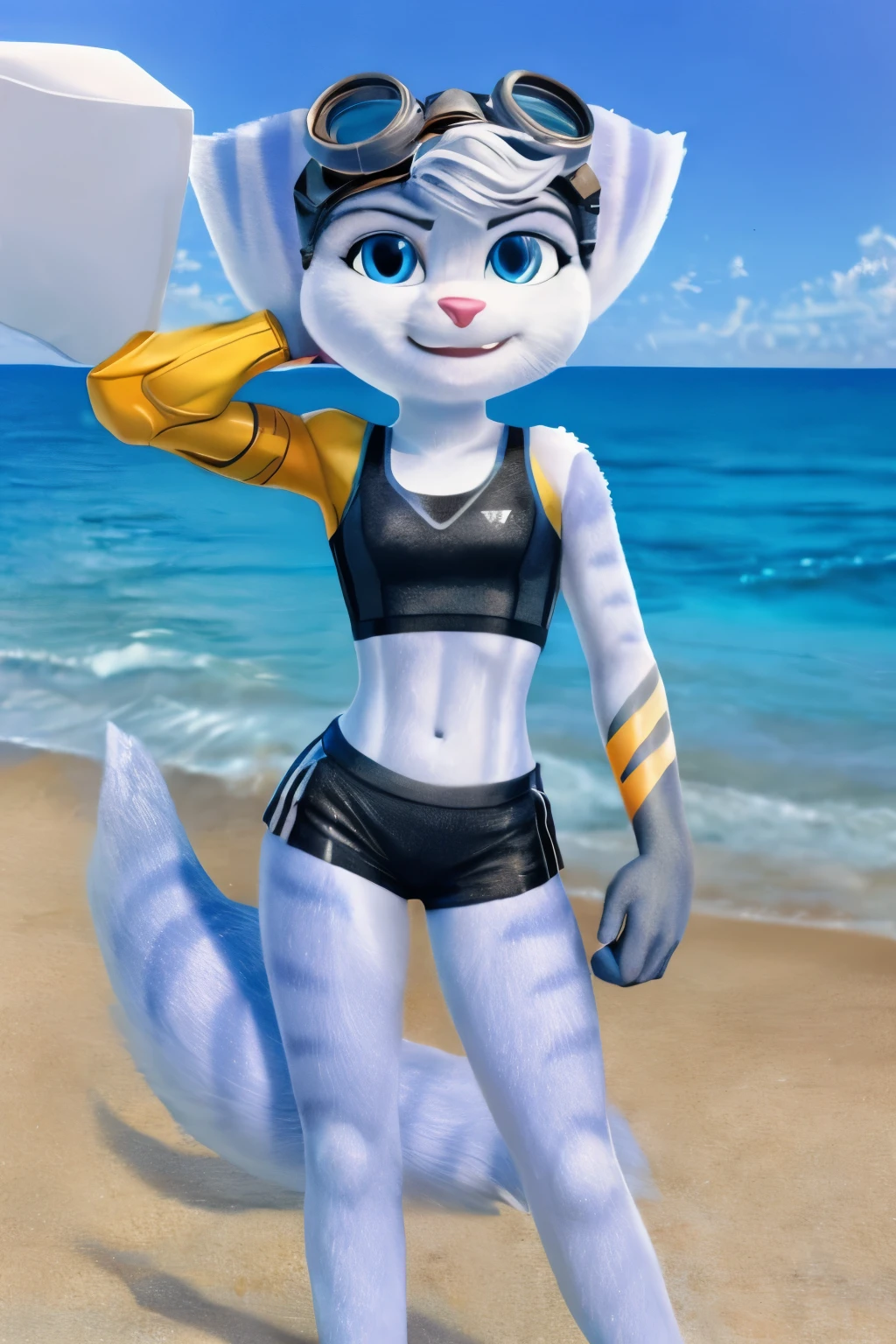 Rivet, furry girl, young,adidas nylon gym shorts, adidas nylon sports bra , beach, sea, sunny day, detailed body fur, detailed body, detailed eyes, detailed face, glistering body, shiny body, wet fur, skinny, high quality, masterpiece, small breasts, goggles, :D, looking at you, anime style, full body, paws with three toes,
