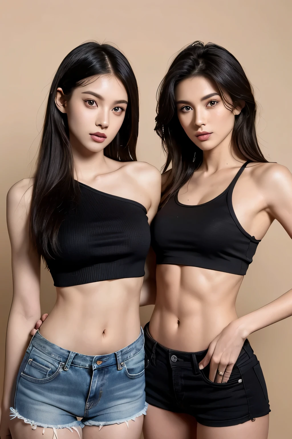 two women in black tops and denim shorts posing for a picture, lean and toned, toned body, well toned, beautiful gemini twins, beautiful gemini twins portrait, fit body, photo of slim girl model, perfect body, fit physique, two girls, with abs, fit pic, perfect body and face, two models in the frame, six pack, skinny waist and thick hips photorealistic eyes photorealistic nose photorealistic face photorealistic mouth brow hair photorealistic