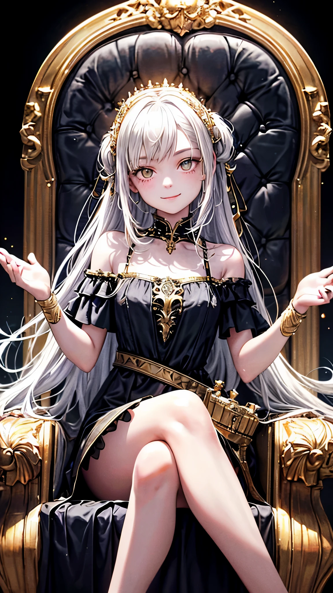 A girl was sitting on a throne with her legs crossed, the girl smiled sweetly. The girl wore a sleeveless and off-the-shoulder dress, the girl also had long white hair and gold cat eyes. (Masterpiece), (Highquality), (Very detailed), (Perfect picture), (Dark fantasy background) (Ashes scattered), (Sweet smile), 