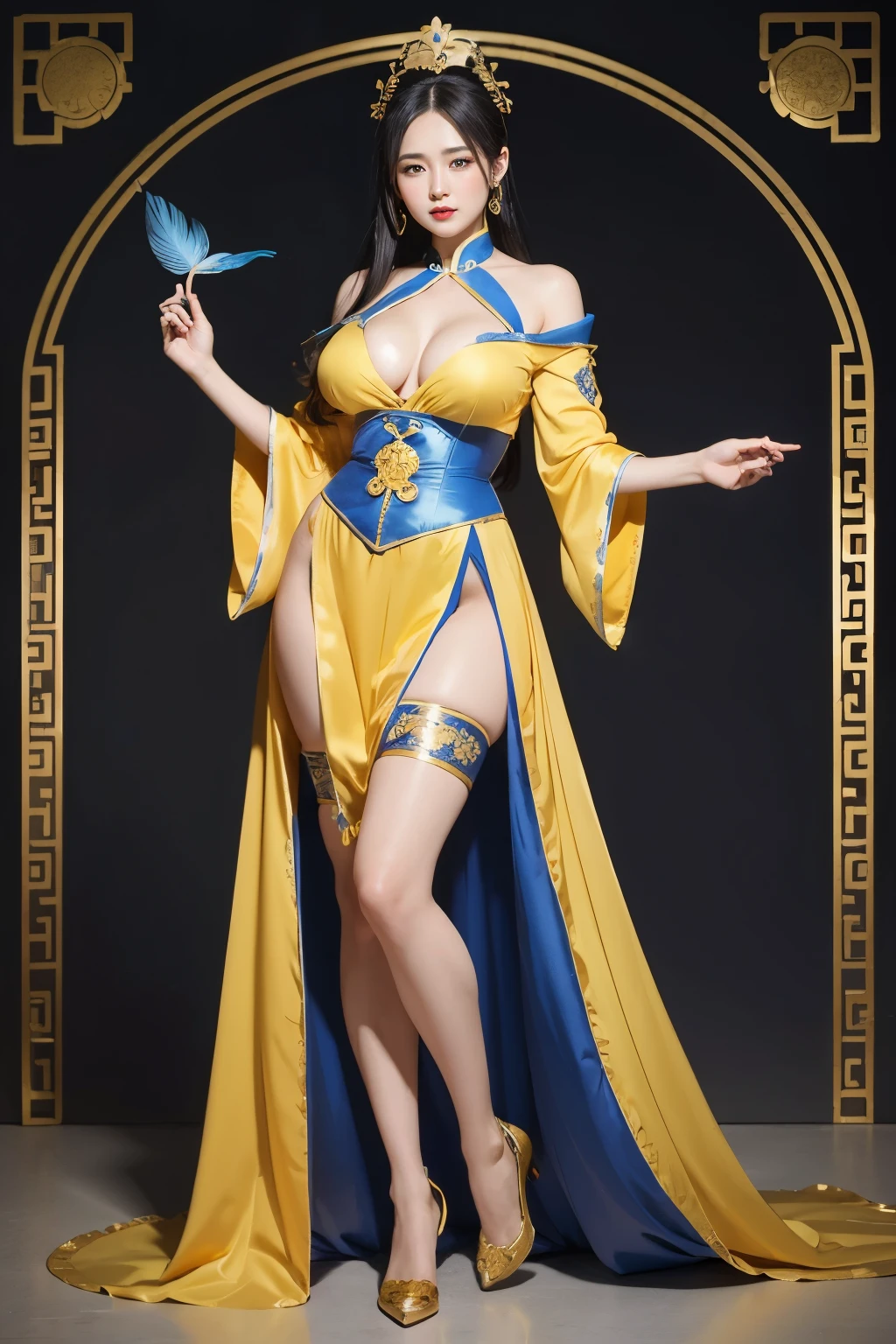 (best quality), oriental nobility,thick red lips,Highly detailed 4K eyes and faces,beautiful blue eyes ,big breasts、Bewitching thigh、Full Body Warrior,Zhuge Liang&#39;s Feminization, Gorgeous yellow costume,stockings,woman with scroll,decorated costume,Background of the Three Kingdoms era,Woman in a feather robe