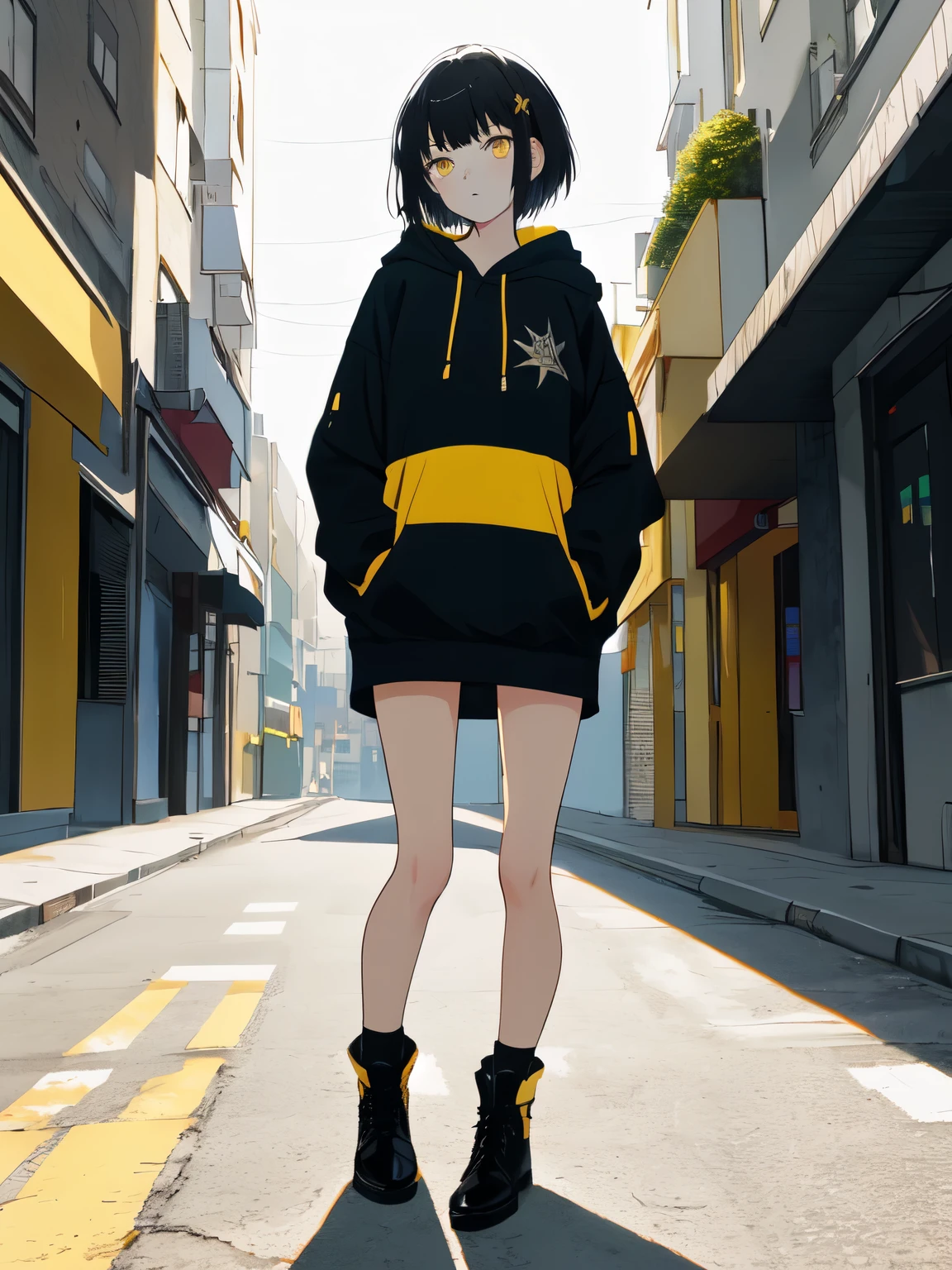 Top Quality, Top Resolution, Masterpiece, Super Detail, One Girl, Black Hair, Dark Yellow Eyes, Catlike Eyes, Light Healthy Skin, Short Hair, Wolf Cut, Highlighted Hair, Yellow Color in Random Spot in Hair, Black and Yellow (8:2
) hoodie, casual, bare belly button, white innerwear, short black boots, bottom showing, on the street, meeting