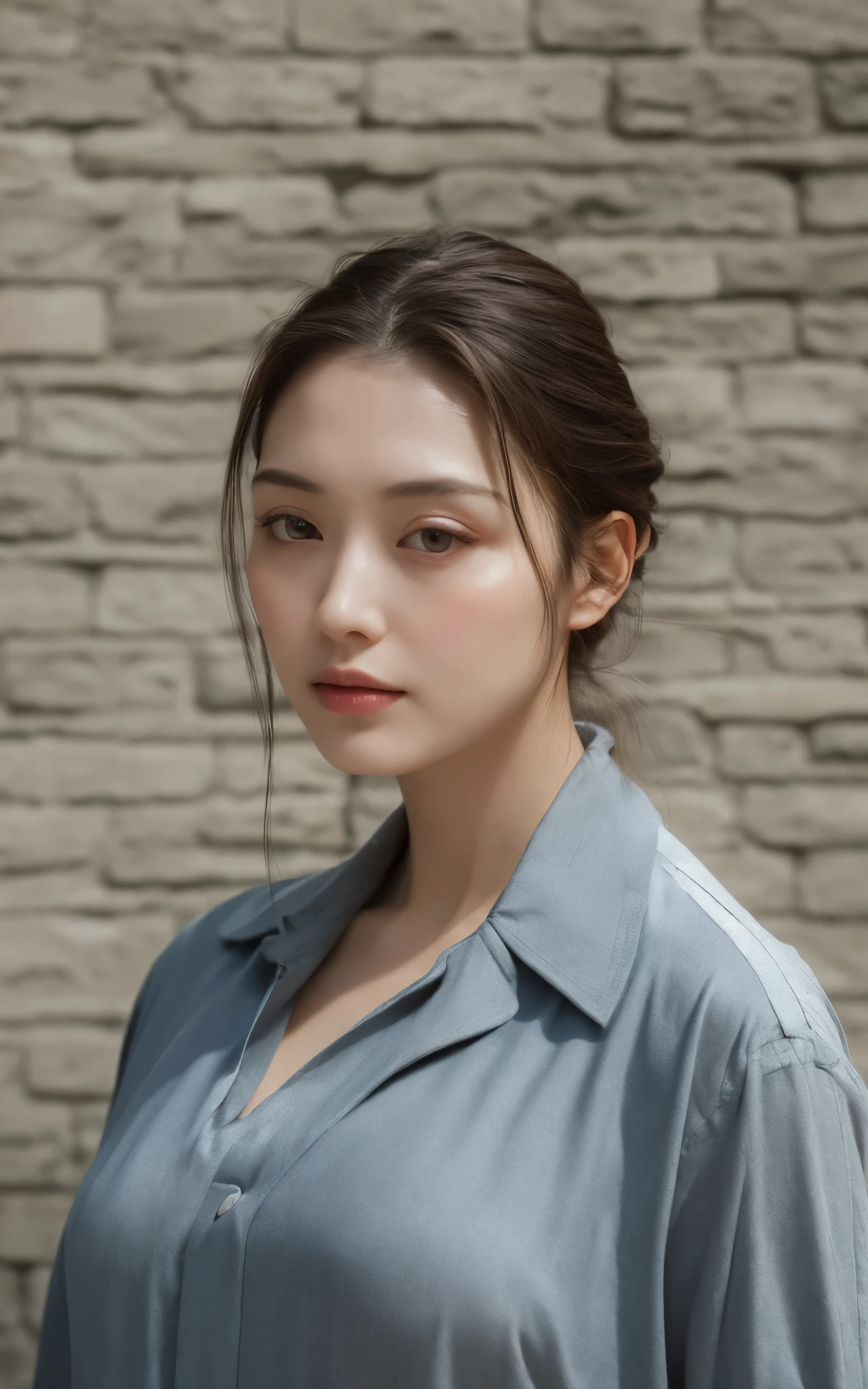 (masterpiece, best quality), soothing tones, muted colors, high contrast, natural skin texture, soft light, sharp, looking at viewer,  Nature soft drop breasts, pale skin, transparent and delicate face, bare face, without makeup, nsfw,
cement brick wall background ,old cement wall background, half body photo, dark theme ,(business shirt:1.2), open shirt,