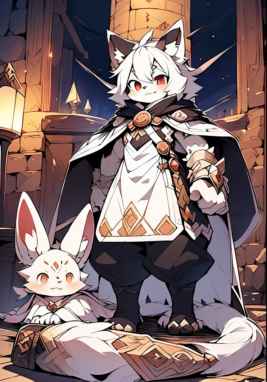 bunny boy，Rabbits，black bunny ears,hairy,hairy male ,male focus,Hana charcoal,(Full body fur, hairy尾巴, white fur,red eyes,white hair:1.2),(heterodontia,vampire, cape:1.2),(Internal,night, castle, coffin:1.1)