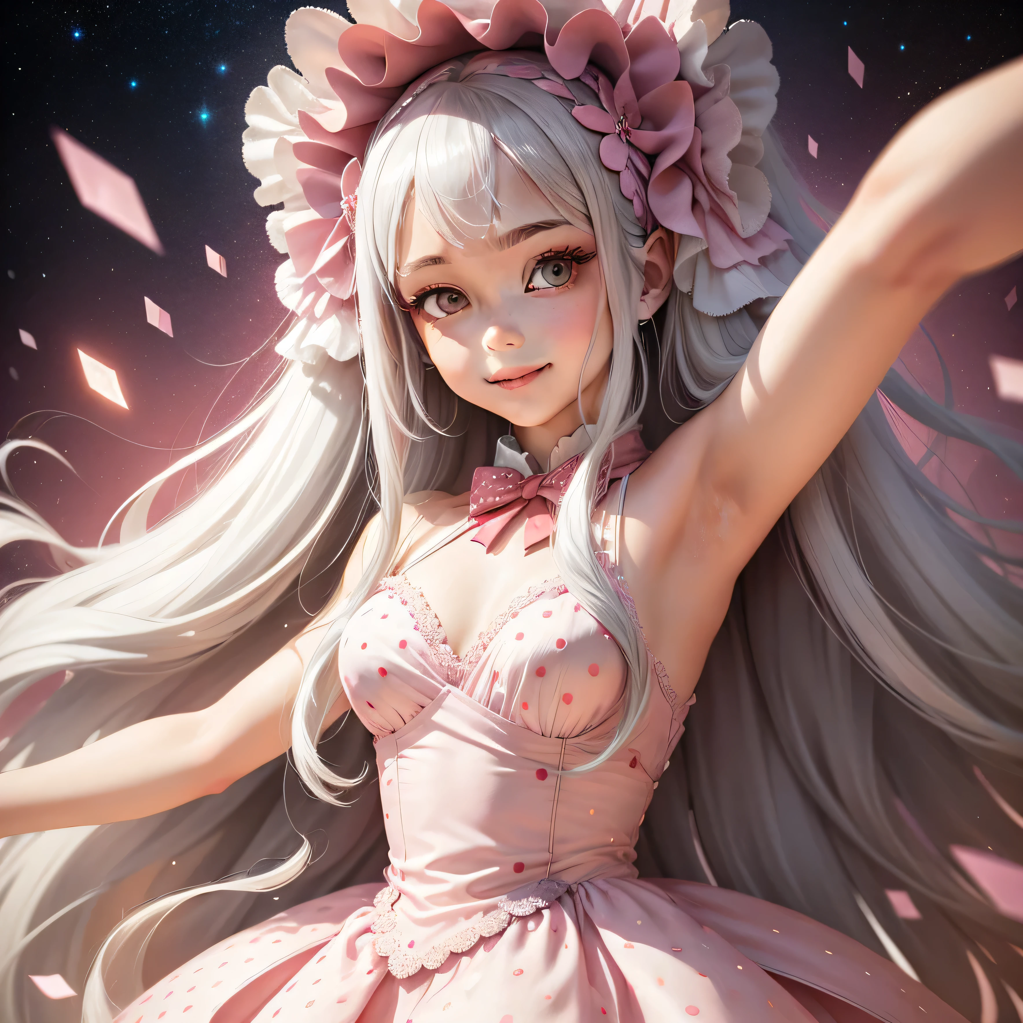 Girl with silver hair,long hair,shine in her hair,white and pink dress with red polka dots.She spread her arms above her head, Smiling widely. a lot of details,Hyper detail,poster,16 thousand.