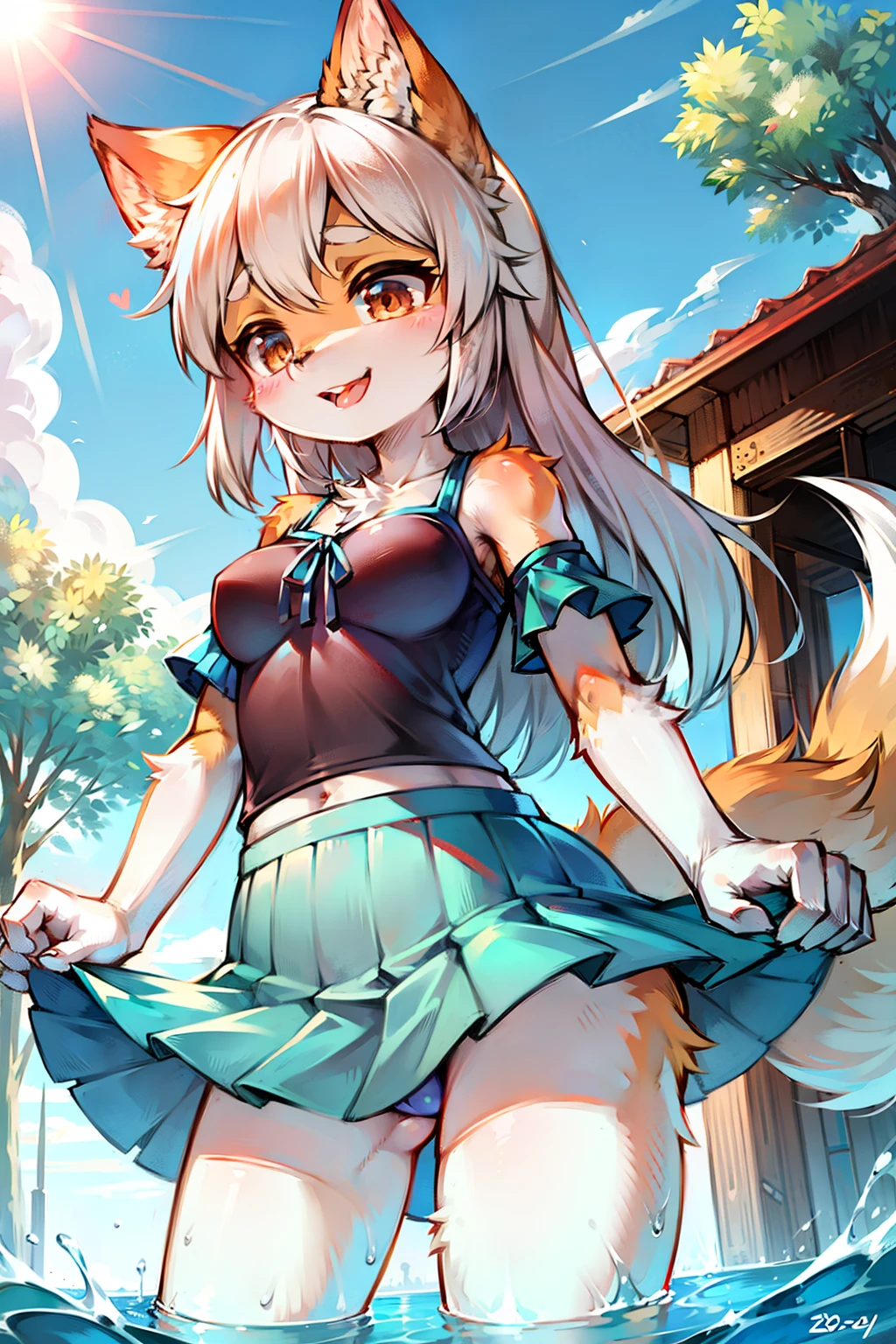 fox girl、Furry women、Characteristics of a -year girlmale focus、white hair、Wearing a blue swim skirt、Stand in the pool、happy