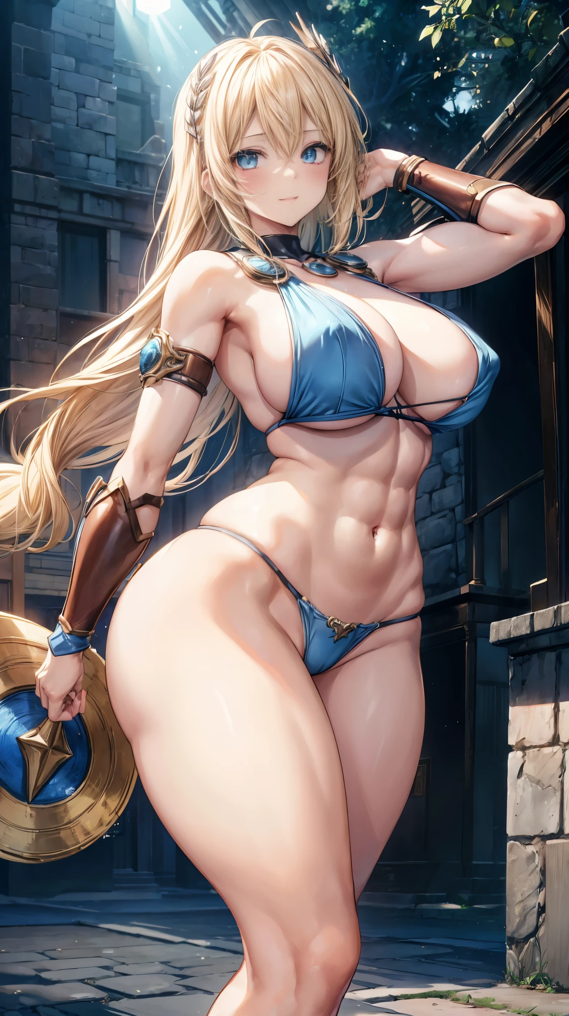 sensual, long blonde hair, thick thighs, 8K, 4K, highest quality, High resolution:1.2), cute anime face, noise reduction, shining blue eyes, gentle smile, Gentle eyes、toned abdominal muscles, muscular arms, muscular legs,  young face, anime eyes, (((big breasts、Breasts that are about to burst)))、(((model pose)))、sophitia、sword、shield