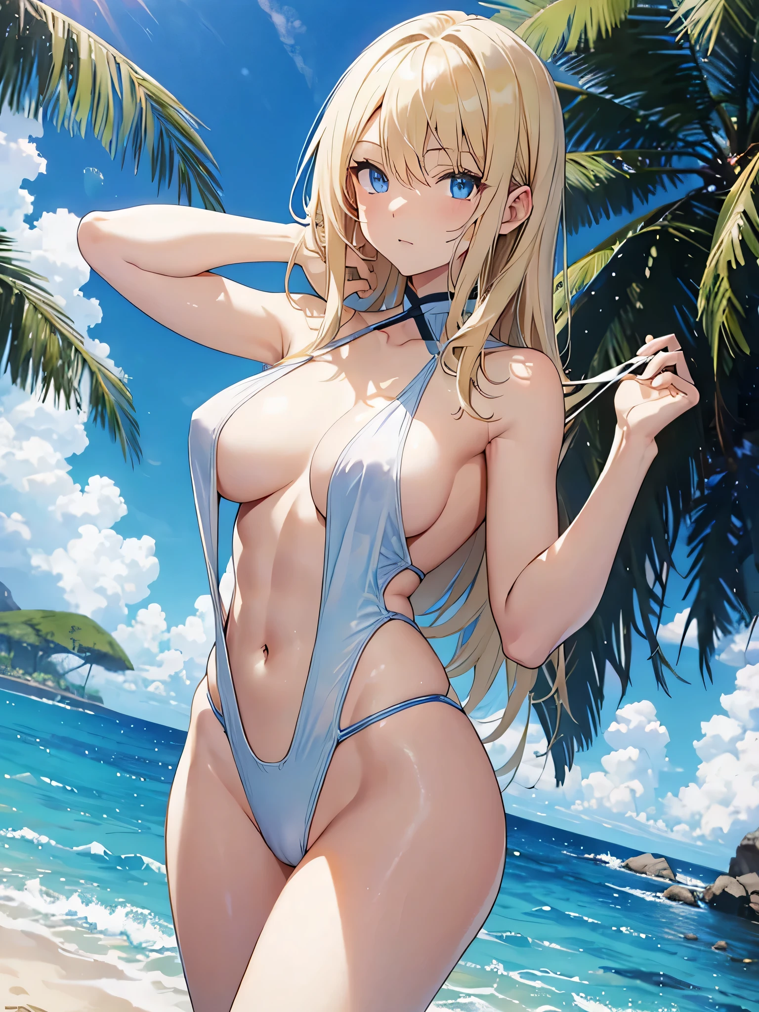 best image quality、blonde、blue eyes、beautiful abs、white slingshot swimsuit