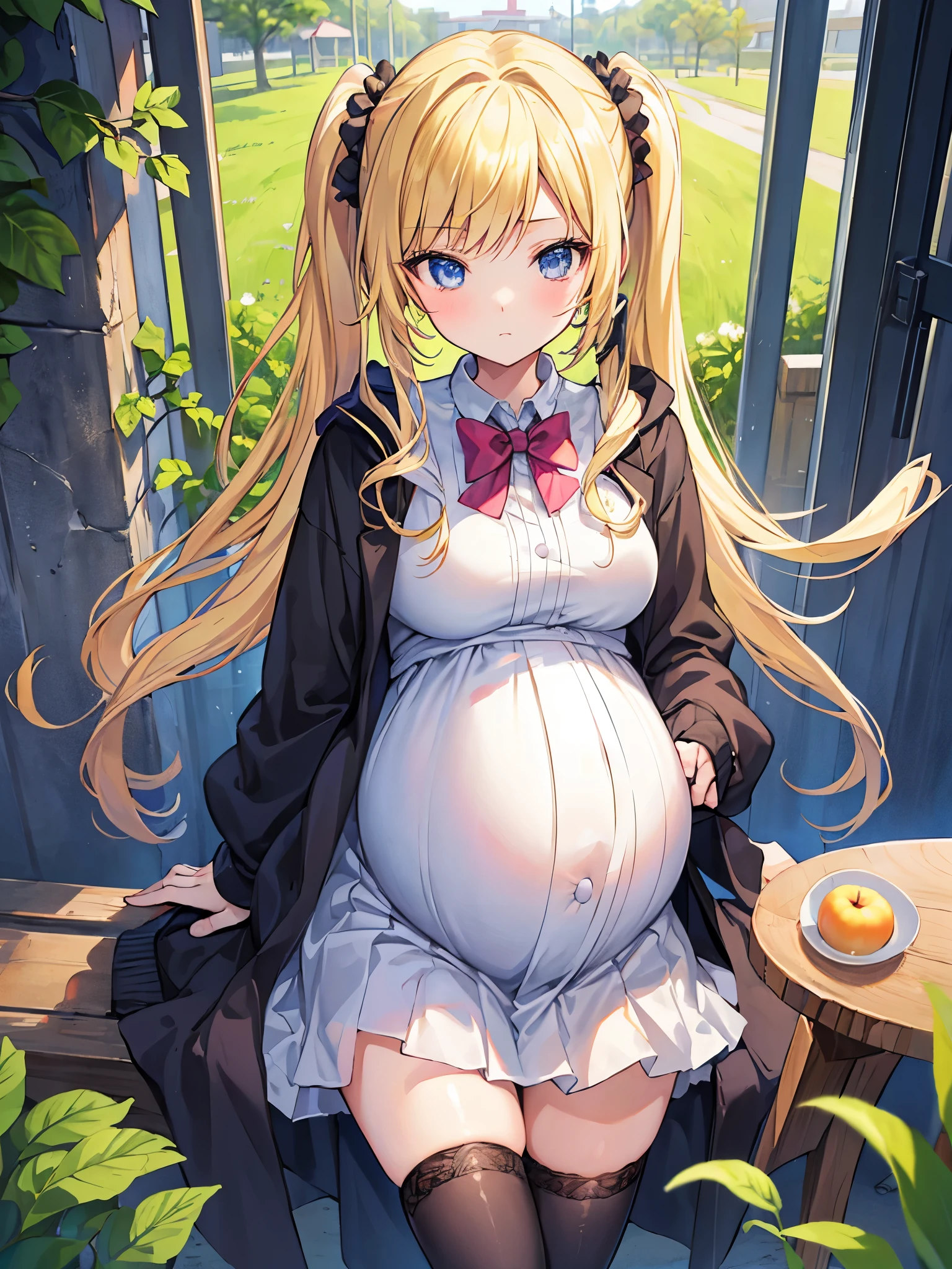 masterpiece, best quality,pregnant junior high school girl、(1girl,solo)、
blonde hair,twintails hairstyle、
Scrunchie decoration on hair、
(maternity wear、ridge knitting)、
long coat、long skirt、
Thighhighs of black 、
drink apple juice
