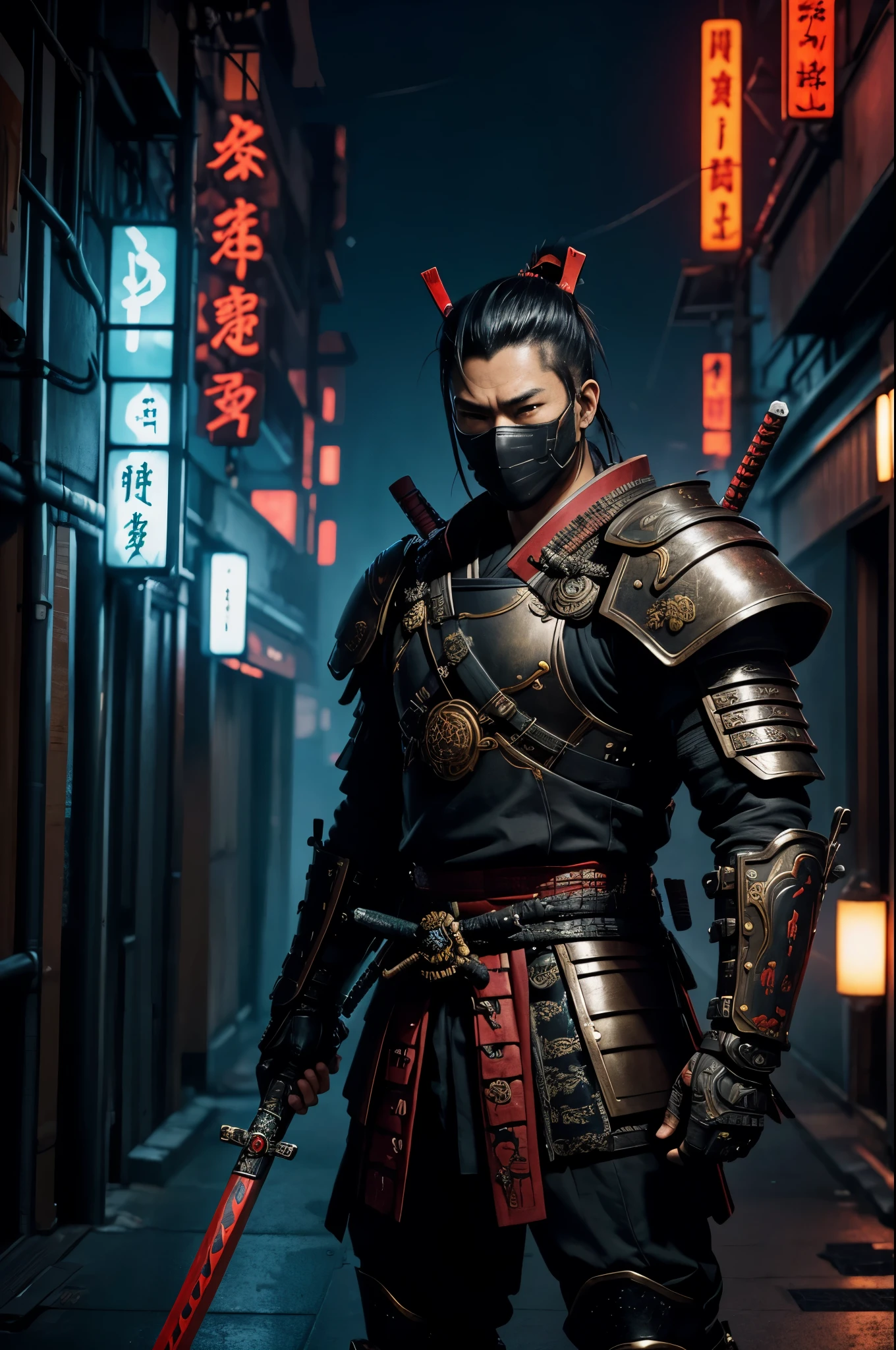 A samurai in a futuristic cyberpunk Tokyo city background is wearing a demon mask. The samurai is depicted in full body, armed with a long and large Japanese sword. The samurai is wearing red and black sci-fi military cloth armor, which enhances the overall visual impact of the image. The samurai is facing front, with the focus on the intricate details of the armor and the powerful stance of the samurai. The image quality should be of the highest standard, with ultra-detailed rendering to capture the fine details of the armor and the facial features of the samurai. The colors should be vivid and striking, with a dark and dystopian color tone that complements the cyberpunk setting. The lighting should be dramatic and dynamic, casting shadows and adding depth to the image. The prompt focuses on portraying the urban samurai as a futuristic and powerful figure, with a blend of traditional Japanese elements and modern cyberpunk aesthetics.