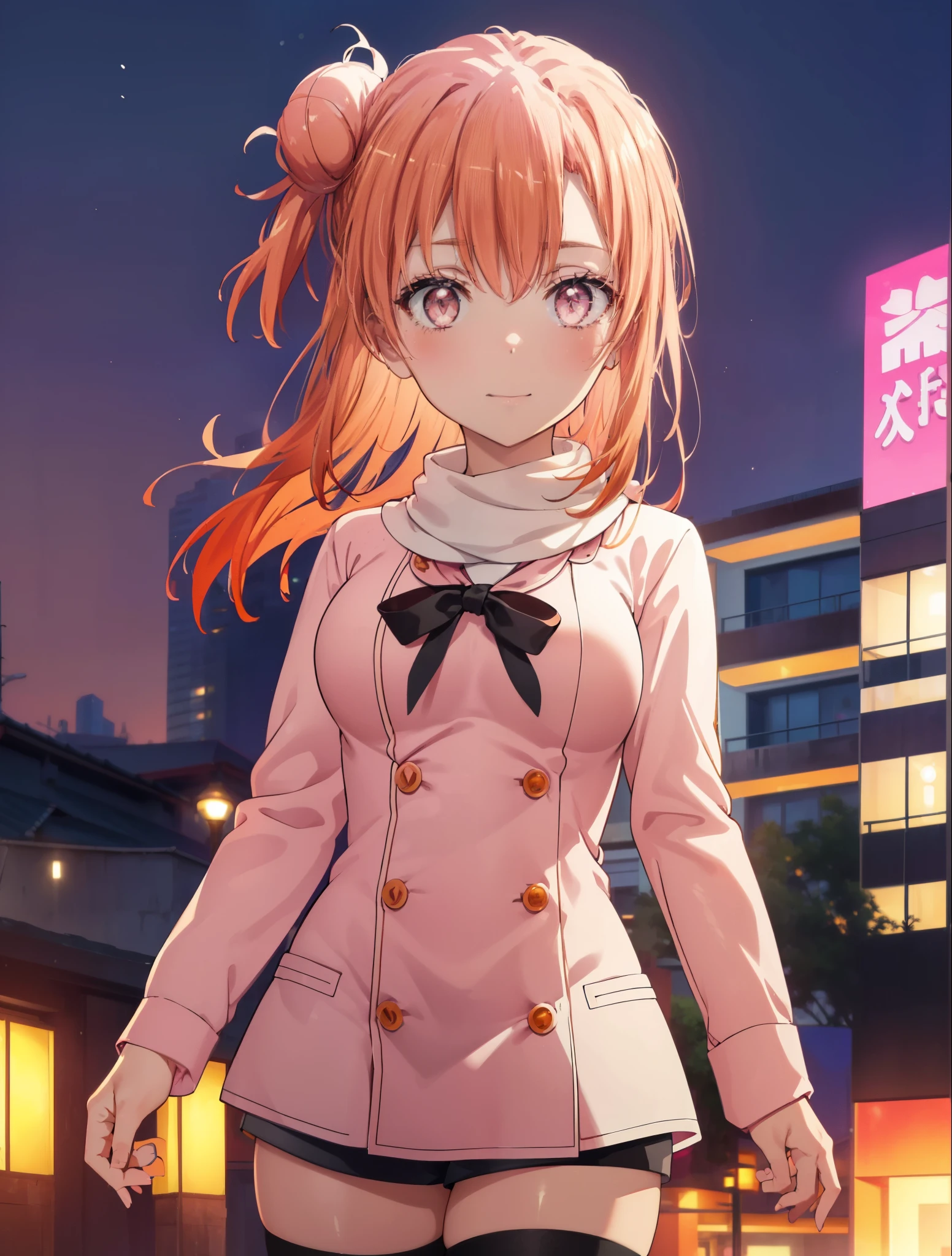 yuiyuigahama, yui yuigahama, long hair, (pink eyes:1.5), (orange hair:1.2), bun hair, single bun hair,blush, smile, (big breasts:1.2),red muffler,Pink long coat Open the button,white sweater,shorts,black knee high socks,short boots,evening,sunset,
break outdoors,city,building street,
break looking at viewer,whole body,peek from above, (cowboy shot:1.5),
break (masterpiece:1.2), highest quality, High resolution, unity 8k wallpaper, (shape:0.8), (beautiful and detailed eyes:1.6), highly detailed face, perfect lighting, Very detailed CG, (perfect hands, perfect anatomy),