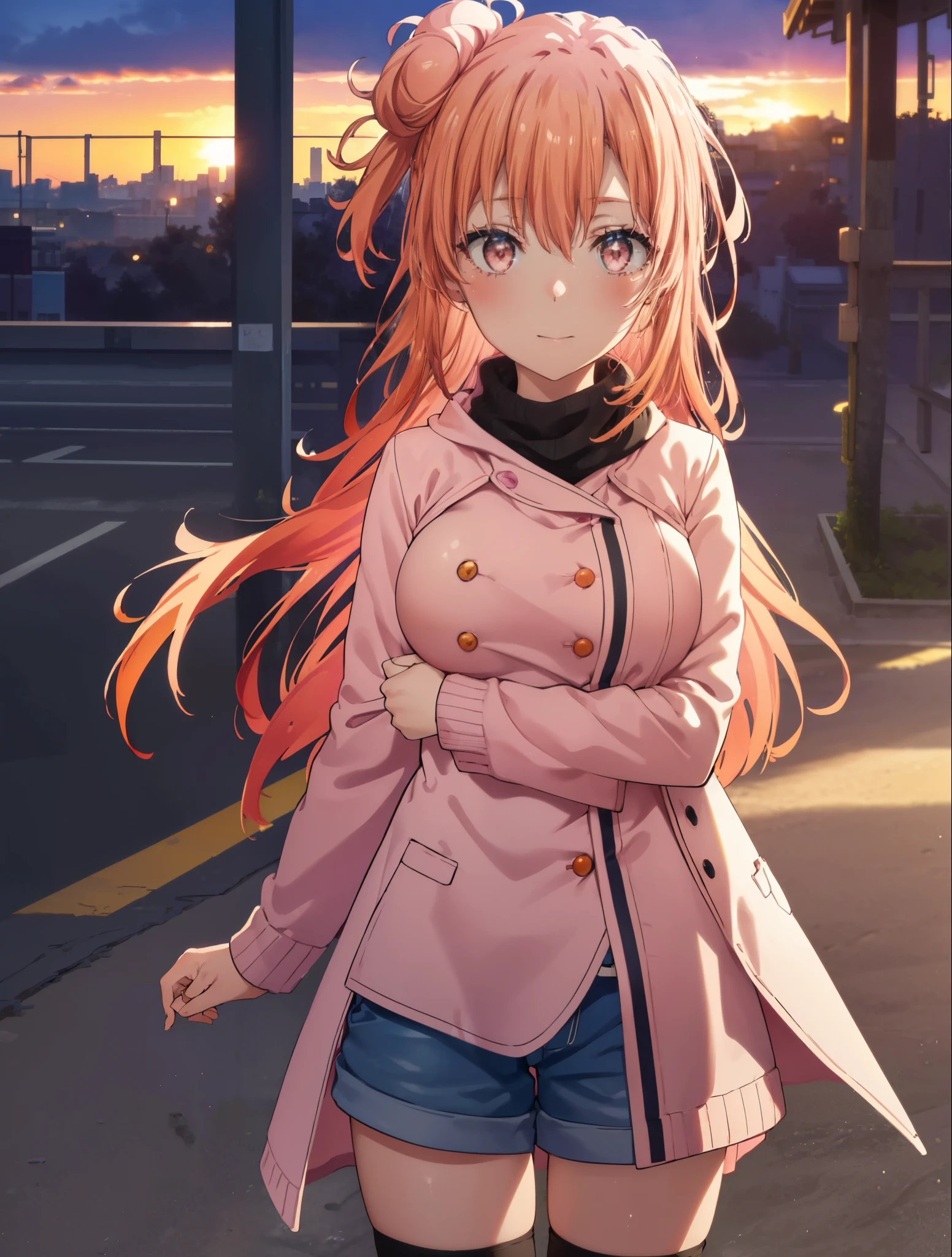 yuiyuigahama, yui yuigahama, long hair, (pink eyes:1.5), (orange hair:1.2), bun hair, single bun hair,blush, smile, (big breasts:1.2),red muffler,Pink long coat　Open the button,white sweater,shorts,black knee high socks,short boots,evening,sunset,
break outdoors,city,building street,
break looking at viewer,whole body,peek from above, (cowboy shot:1.5),
break (masterpiece:1.2), highest quality, High resolution, unity 8k wallpaper, (shape:0.8), (beautiful and detailed eyes:1.6), highly detailed face, perfect lighting, Very detailed CG, (perfect hands, perfect anatomy),