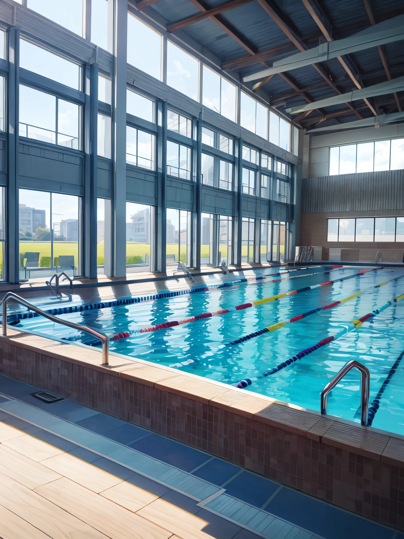 Drawing of a university swimming pool, swimming lanes, big windows