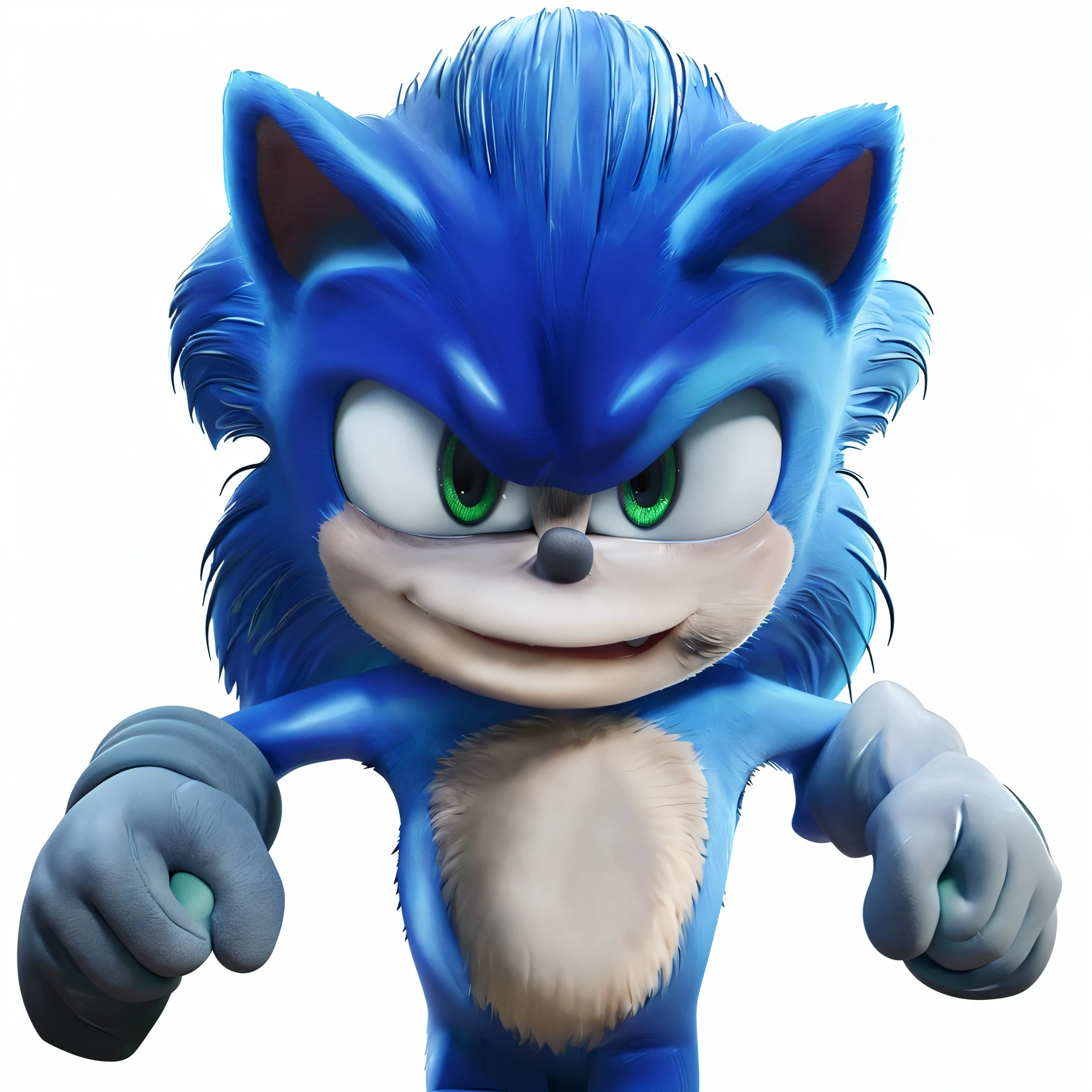The image is a promotional photo of Sonic the Hedgehog from the upcoming film. Sonic is shown in full height. He gives two thumbs up and has piercing green eyes. The skin is glossy. Glossy sonic. 3d skin