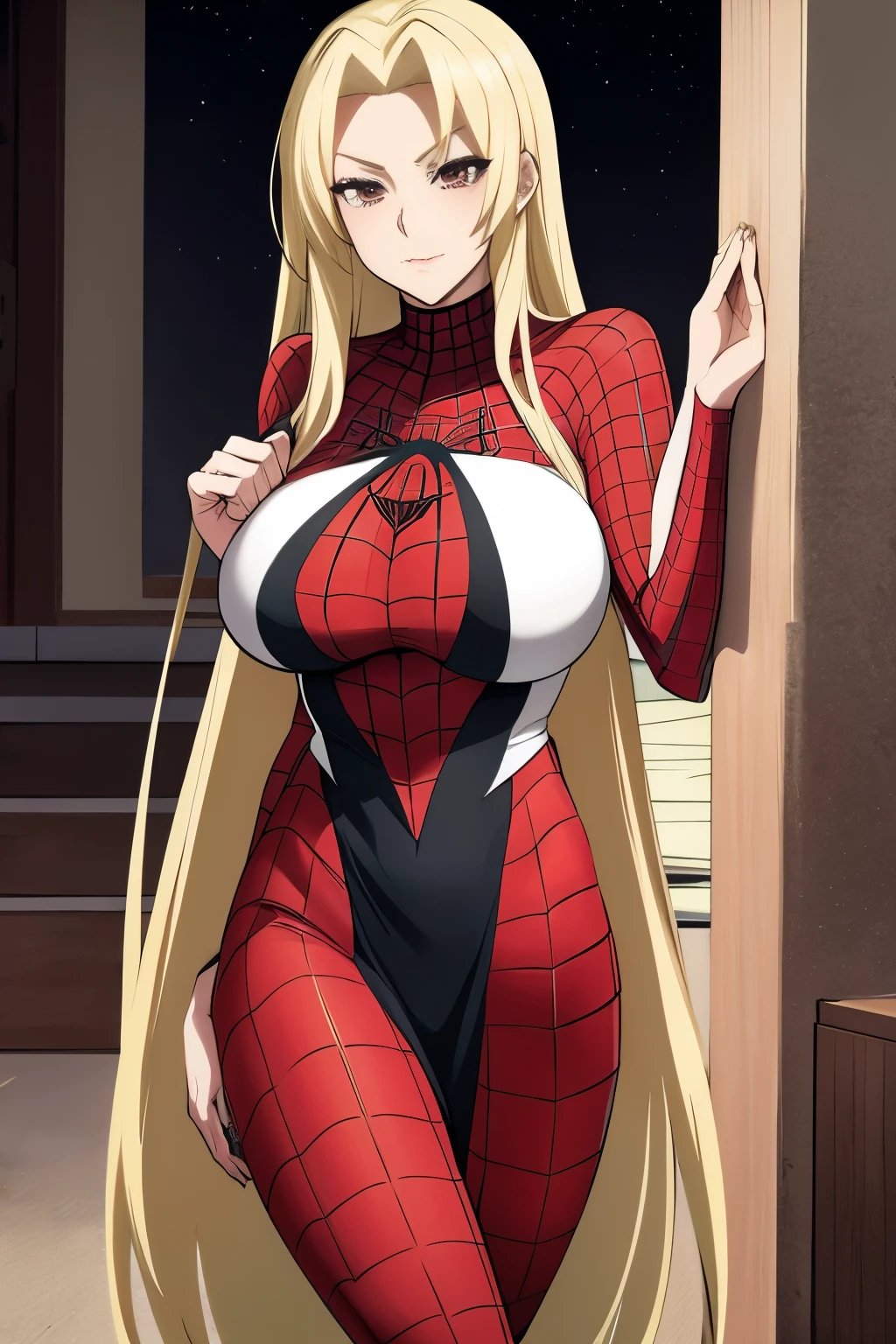 Tsunade senju cosplaying spider man, big breast, extremely long blonde hair, long legs