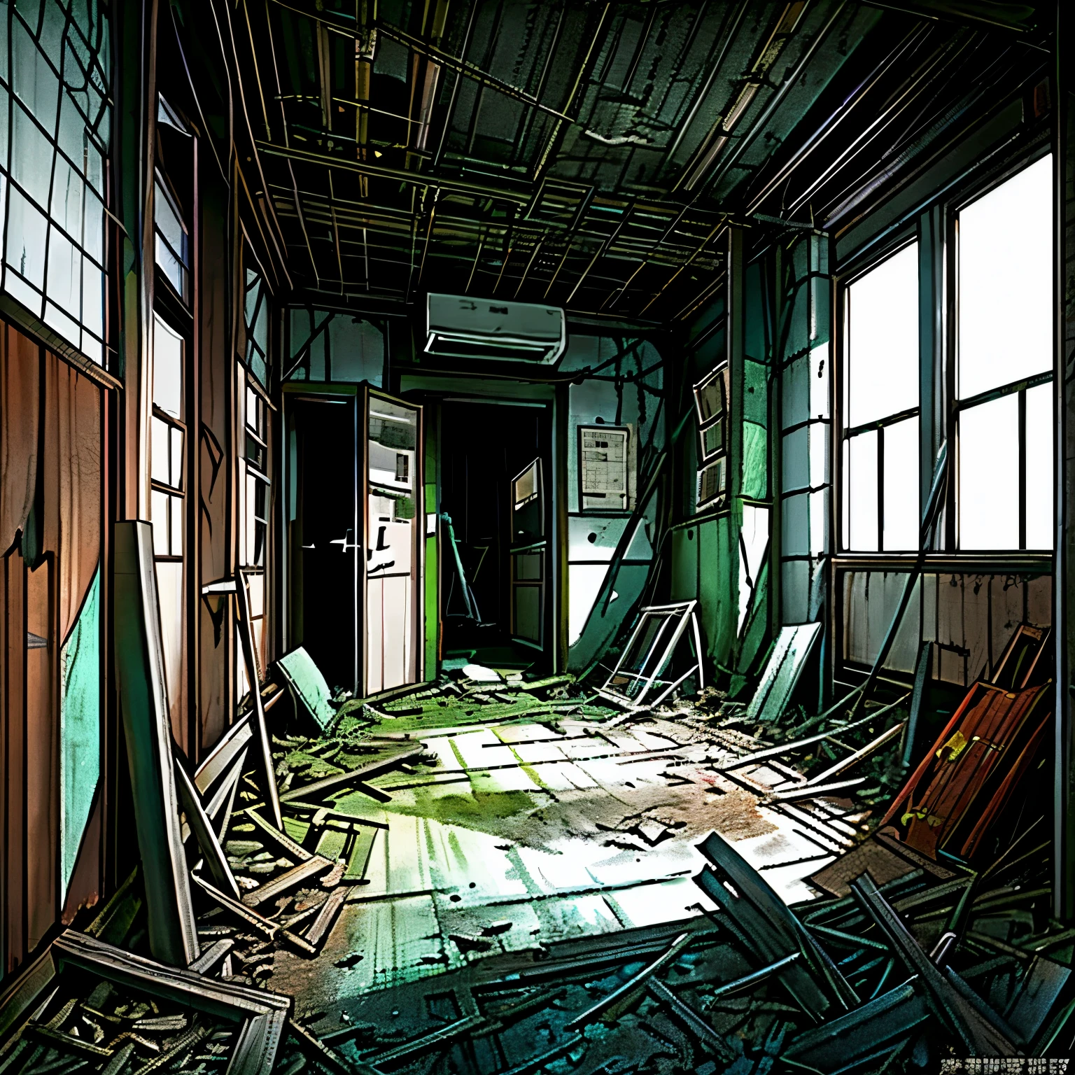 Abandoned houses stand in a desolate neighborhood, their once vibrant colors faded and deteriorated over time. The Dojunkai Apartment, depicted in a surreal and incredibly detailed illustration, exudes an eerie atmosphere. The entranceway, adorned with a shoe rack and umbrella stand, gives a glimpse into the lives that once occupied these devastated homes.
Scattered shoes lay haphazardly in the shoe box, a poignant reminder of the residents who hastily left their belongings behind. The green trash can, marked with old metal signs, leans against a pole, its cables dangling ominously. A rusty pipe protrudes from the wall, while an electricity meter slowly ticks away, indifferent to the abandonment.
Gray and dark walls envelop the scene, adorned with pe