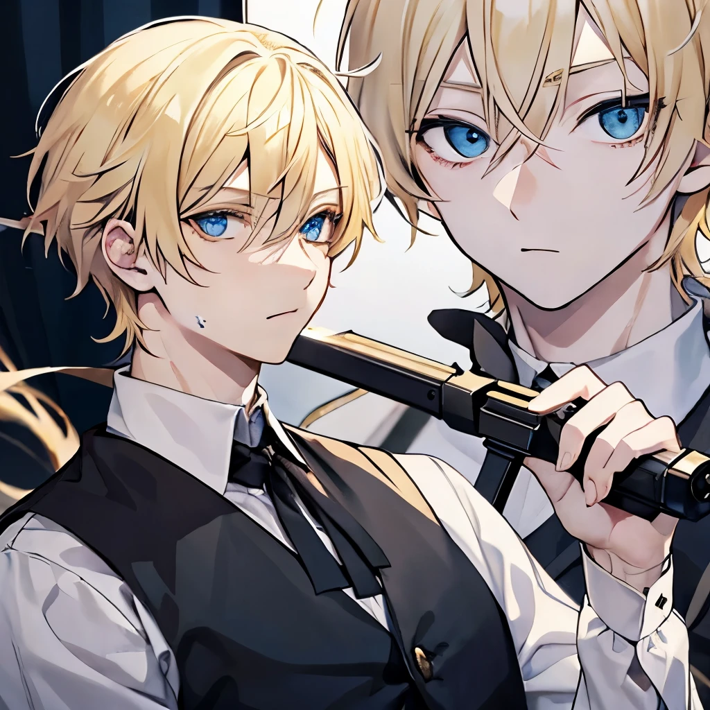 
anime style、

[Elid]:he has blond hair and blue eyes, has birthmarks all over him body, and wears a black ribbon around him neck.、An innocent male assassin holding a gun

