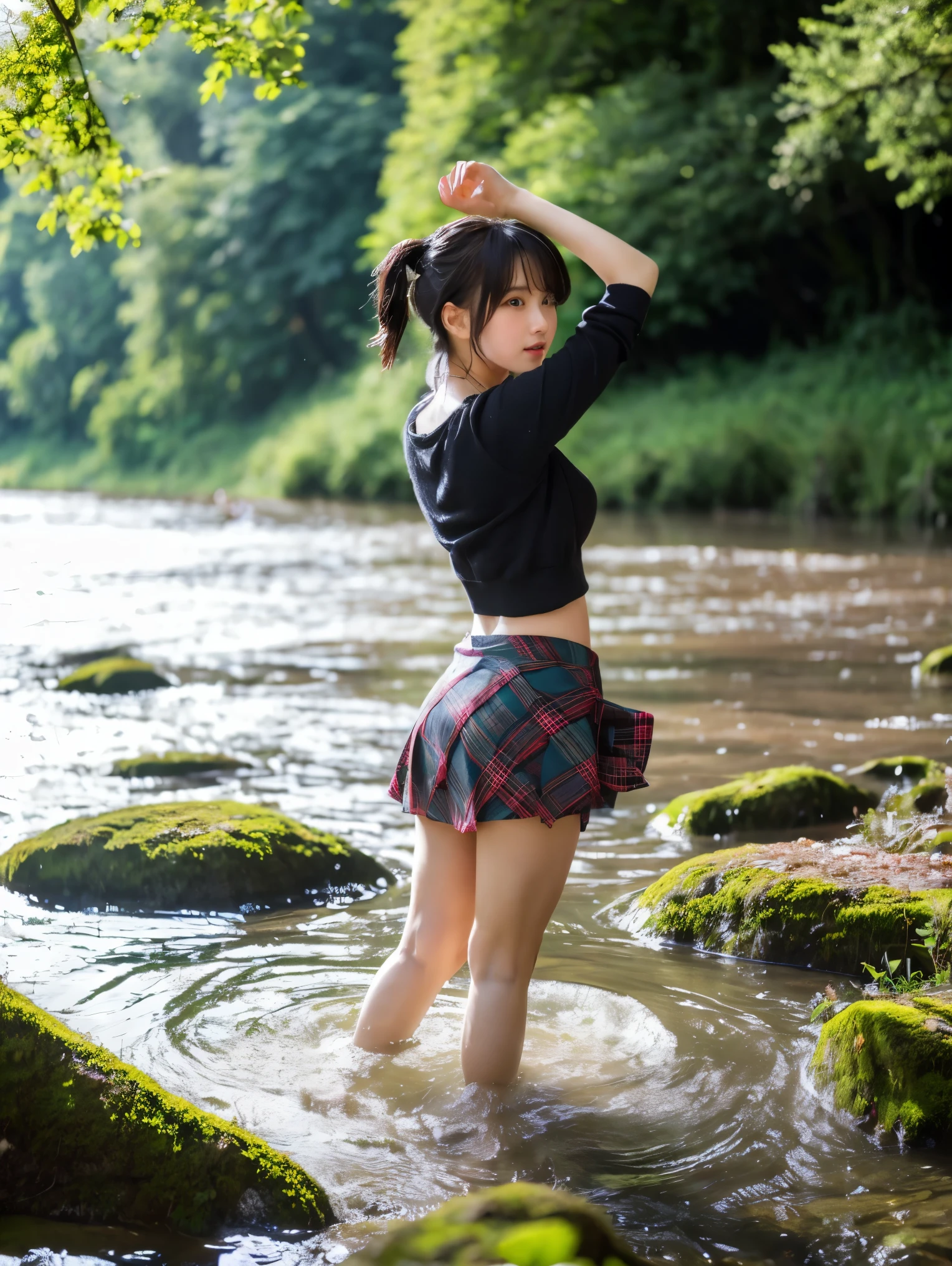 Sexy girl with mini skirt bathing in River forest