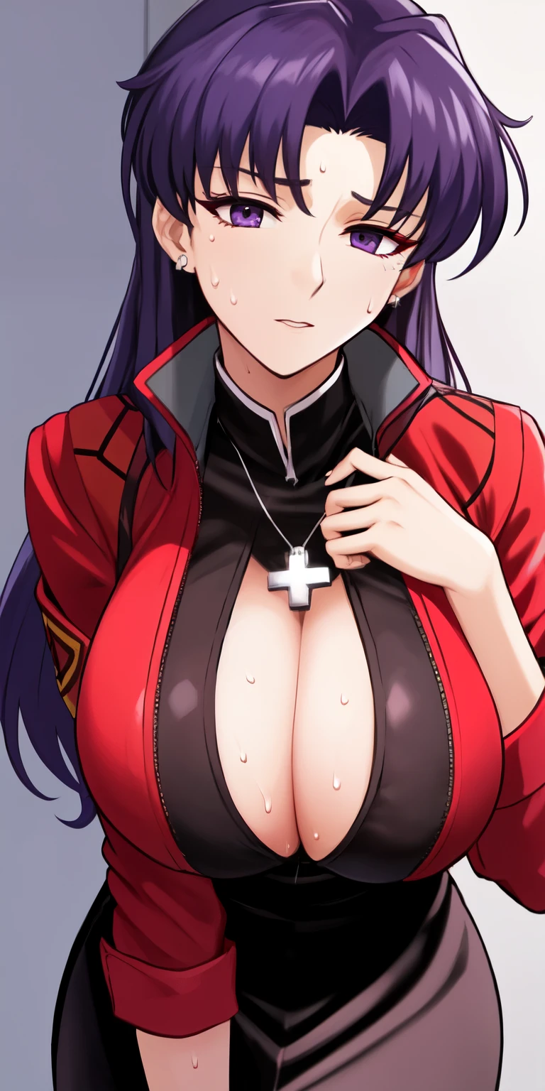 Katsuragi_Misato, Huge_chest, Are standing, alone, Misato_cross_necklace, black_pencil_dress_expensive_collar_red_Jacket, masterpiece, highest quality, detailed face, fine eyes, expensiveres,open jacket,cleavage,breast close-up,sweat,tired,undressing