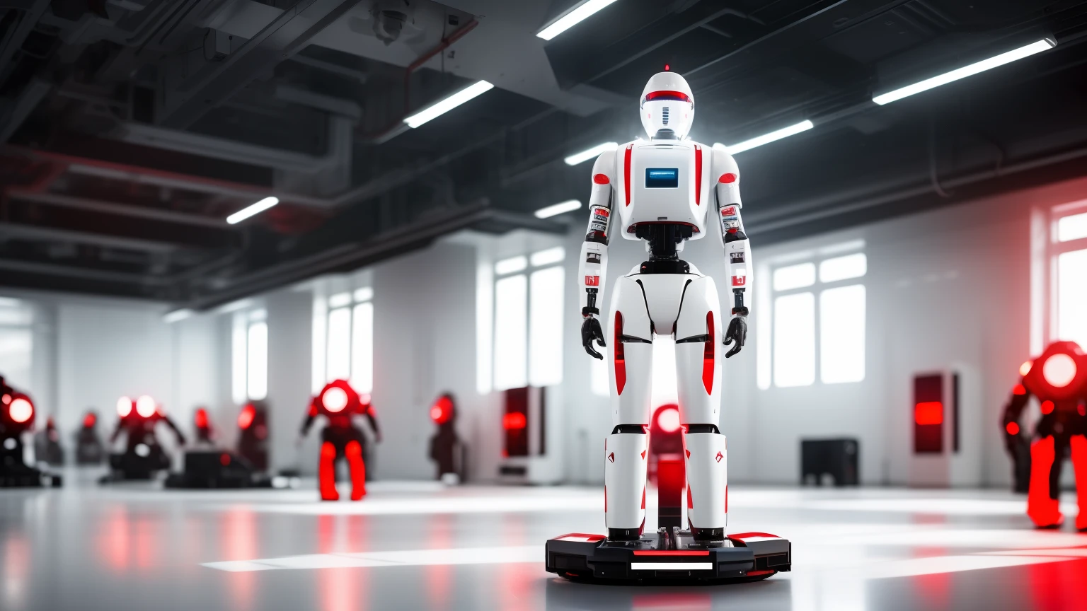 white future technology, white background, technology class, robot, a lot of people, red