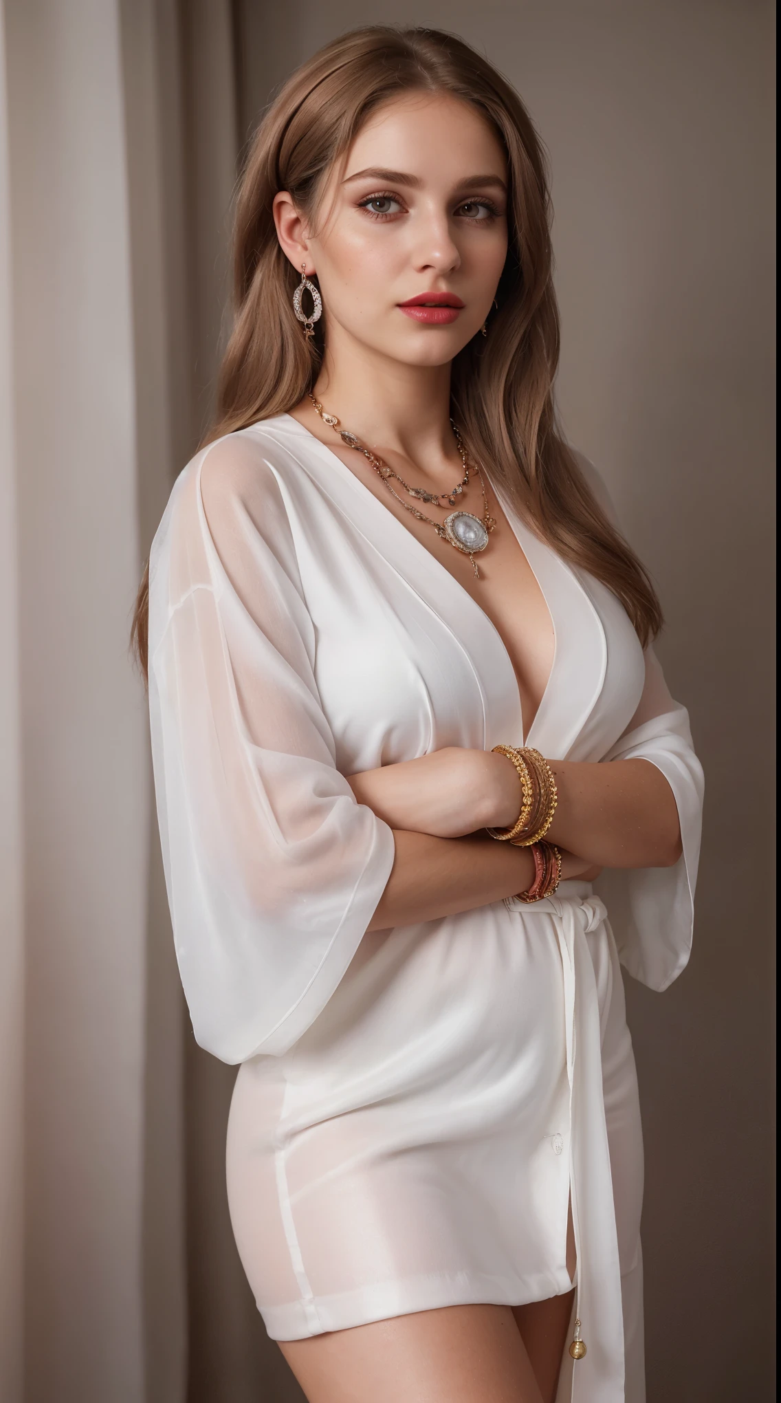 Blond brown hair, (RAW photo), (realism: 1.8), (very gloss jet red lipstick, many eyelashes, dark black eye shadow, shy, blushing, high quality, high resolution, depth of field, chromatic aberration, caustic, wide light, pastel skin, (30 year old woman), necklaces, chokers, earrings, bracelets, wear many accessories, style A good woman, Wearing a long white Greek robe and a white veil, beautiful, legs, lots of exposure, very body line, pose, visible 8k resolutions
