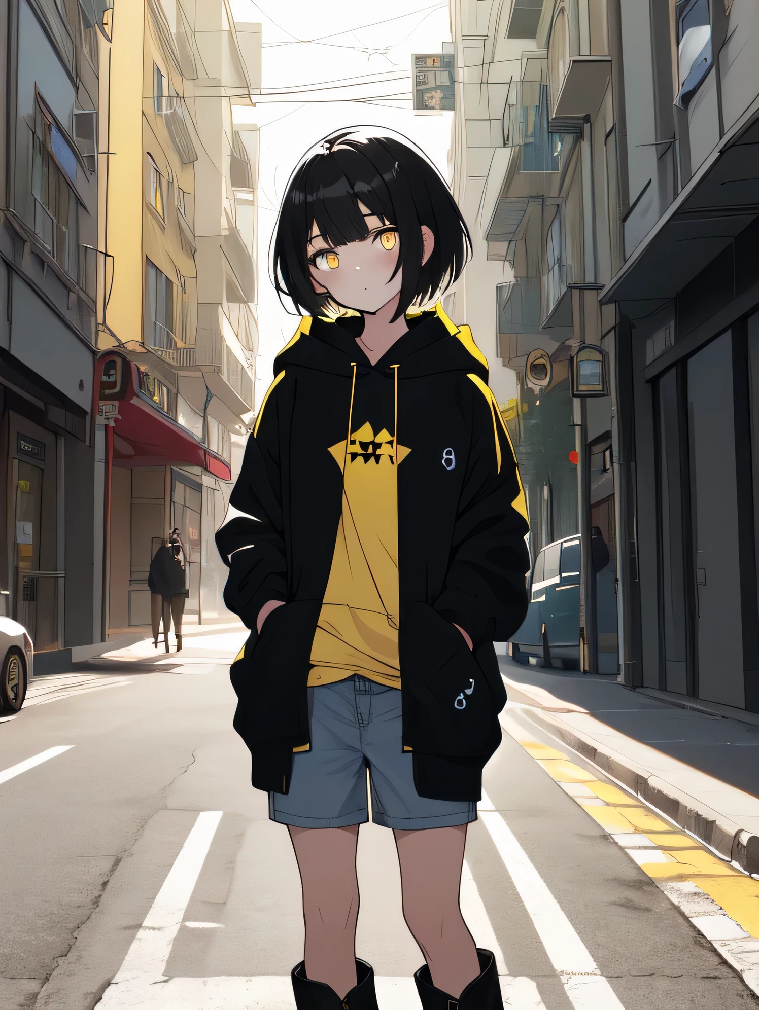 highest quality, highest resolution, masterpiece, Super detailed, one girl, black hair, dark yellow eyes, Cat-like eyes, bright and healthy skin, short hair, wolf cut, highlighted hair, yellow in random spots in hair, black and yellow (8:2
) hoodie, casual, naked navel, white inner wear, Short black boots, Bottom representation, on the road, meeting