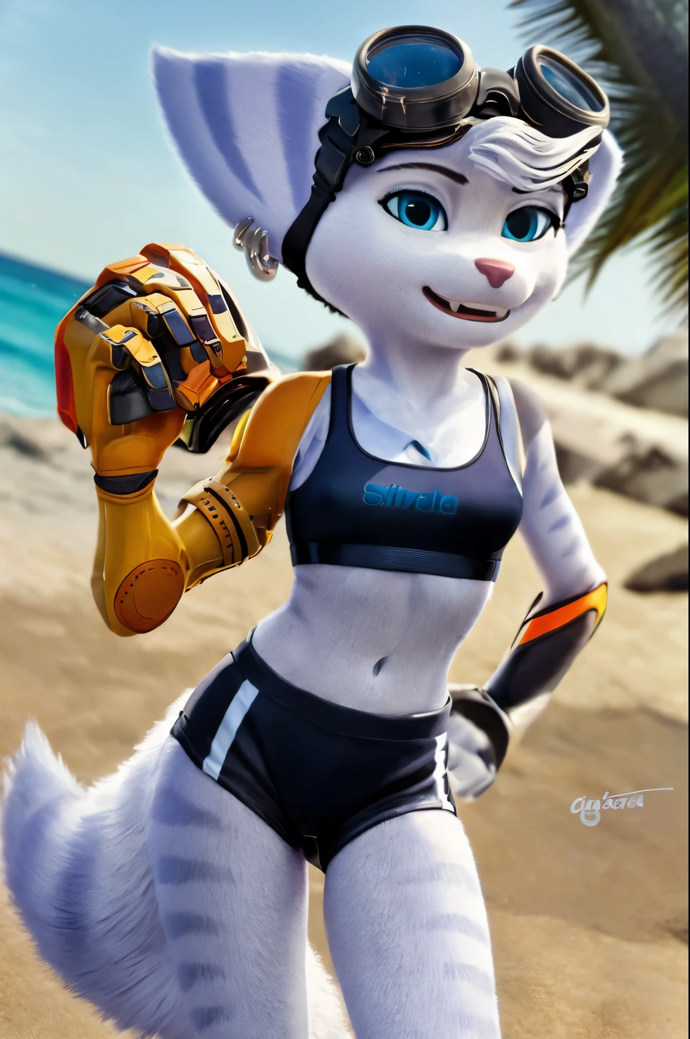 Rivet, furry girl, young,adidas nylon gym shorts, adidas nylon sports bra , beach, sea, sunny day, detailed body fur, detailed body, detailed eyes, detailed face, glistering body, shiny body, wet fur, skinny, high quality, masterpiece, small breasts, goggles, :D, looking at you, anime style, full body, paws with three toes,