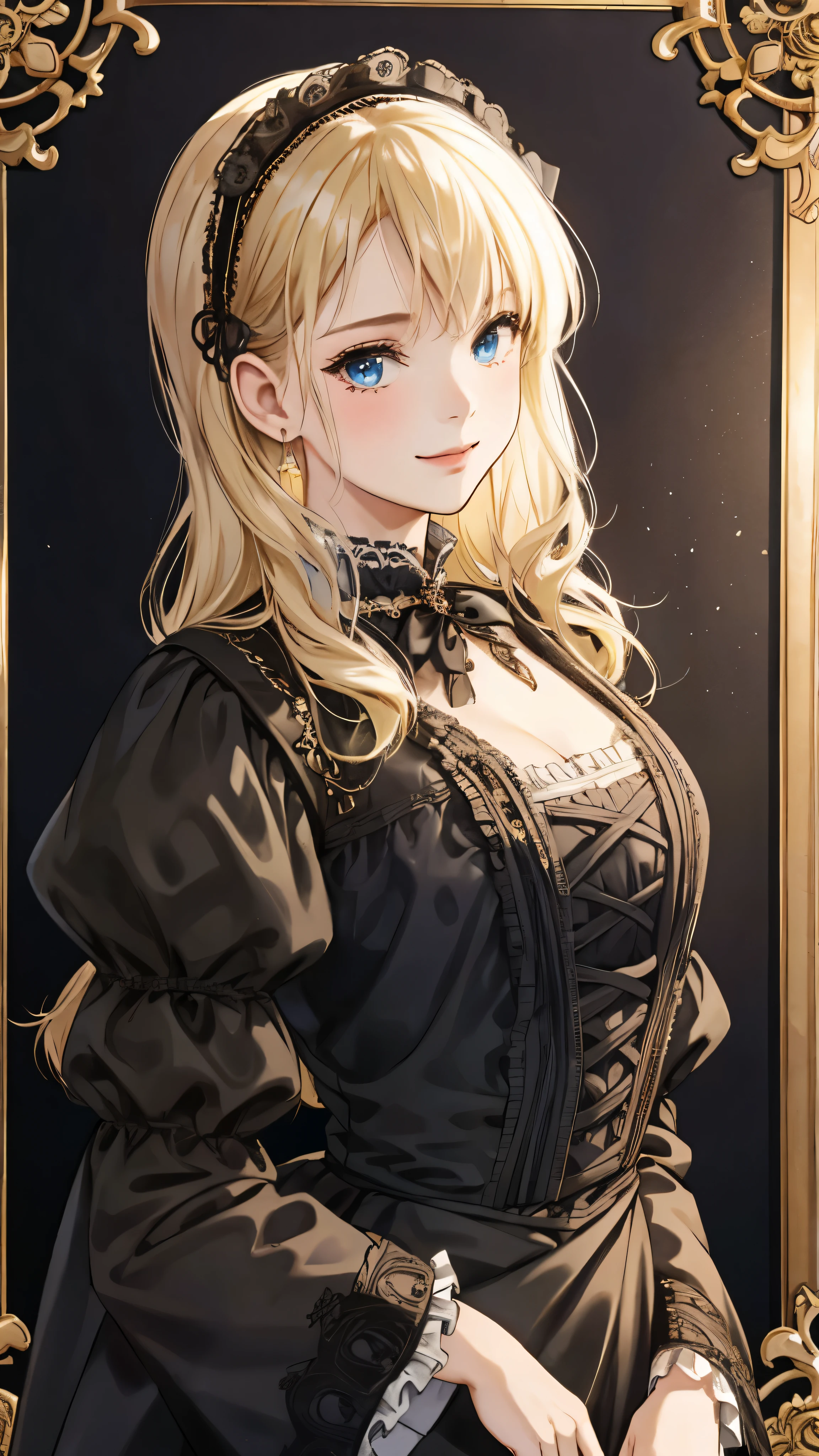 woman wearing dress and boots , baroque dress, Wearing a detailed steampunk dress, Elegant Gothic princess, victorian gothic lolita fashion, 歴史的なbaroque dressダーク, black gothic lolita dress, fantasy style clothing, rococo dress, black rococo, classic witch, fantasy costume, wearing a gothic dress, romantic dress, gothic dress,blonde,15 year old student,(((upper body portrait)))laughter