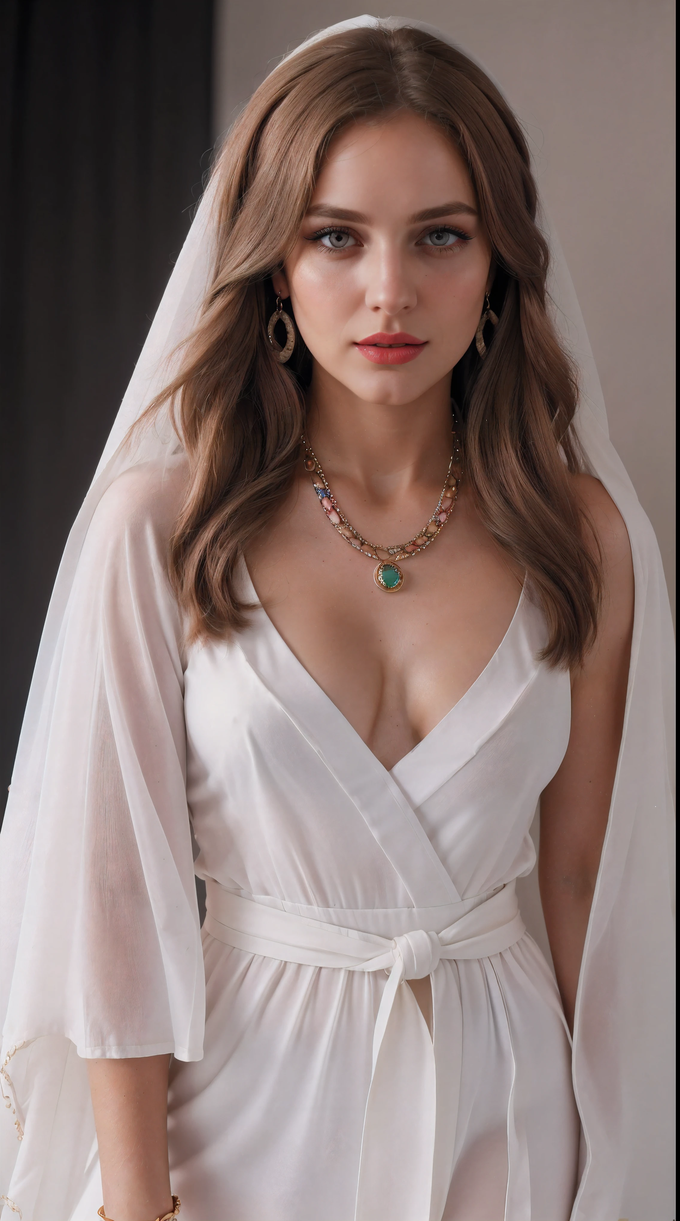 Blond brown hair, (RAW photo), (realism: 1.8), (very gloss jet red lipstick, many eyelashes, dark black eye shadow, shy, blushing, high quality, high resolution, depth of field, chromatic aberration, caustic, wide light, pastel skin, (30 year old woman), necklaces, chokers, earrings, bracelets, wear many accessories, style A good woman, Wearing a long white Greek robe and a white veil, beautiful, legs, lots of exposure, very body line, pose, visible 8k resolutions
