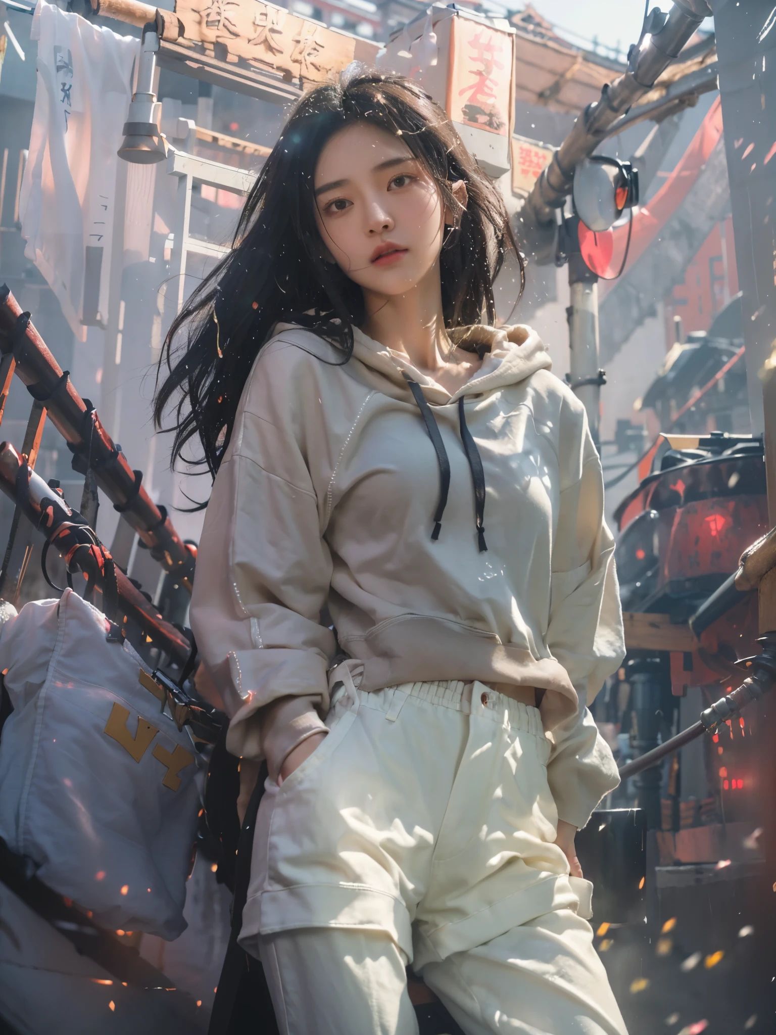 Best quality at best, Raw image, realistic texture, ((reflection)), steampunk city of Japanese, village of Japanese, japan gate, Chinese architecture, Japanese architecture, 1girl, beautiful chinese face, eye focus, (girl focus), wear focus, sneaker focus, (relax pose), relax hand, black gradient white hair, epic dramatic cinematic tone, soft lighting, (( perfect female hair masterpiece)), (SLIM long PANTS), light black hair, 18-year-old face woman, detail of beautiful eye masterpiece, pores1.5,  detail skin masterpiece, realistic shadow, slender legs, very slender female physique, yellow jumper hoodie, oversize hoodie, cotton wearing masterpiece, realistic texture sneakers shoe, tall girl, brunette black hair, Chinese woman, Live the life of Riley, ((long solid cotton trousers)), clear sky, cyberpunk backpack, (youth sneaker shoe), ((Depth of field super bokeh)), reflection, lighting from side masterpiece, dramatic side lighting, Background blur, light ray realistic masterpiece, warm sun light, warm ray light, glow lighting, random light color for the best combination, (best texture masterpiece (texture girl cotton wearing, book, television, radio, box, realistic alleyway, realistic brick walls, realistic doors, realistic windows, realistic ground texture, realistic cobblestone, realistic paved ground, realistic street lights, realistic neon signs, realistic beverage cans, realistic bottles, realistic posters, realistic graffiti, realistic drain pipes, realistic wiring, realistic sky, realistic rooftop, realistic plants, realistic weeds, realistic parked bicycles, realistic wood material, realistic puddles, realistic wet)), vivid color, vivid glow color masterpiece, slim cotton trousers, youth hoodie, super cotton wearing, beauti face, ((random best contrast setting)), japan gate, japan wood pillar, ((Japanese building)), cyberpunk city, water, water in the ground, wet in the ground, (ultra wall texture),((vivid color)),