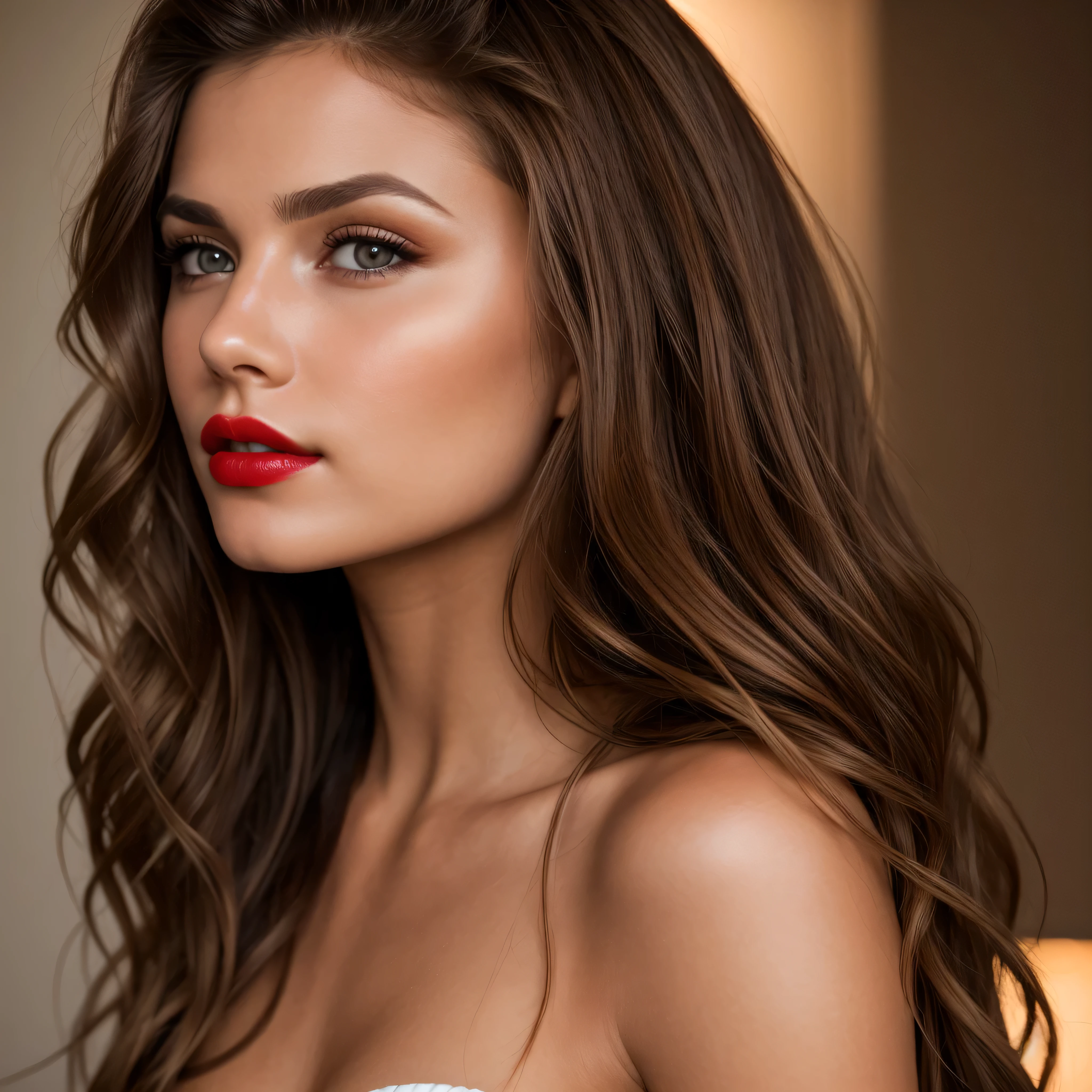 beauty girl face photographed from the side, long wave brown hair, brown eyes, red lips, cinematic lighting, masterpiece, anatomically correct, textured skin, highres