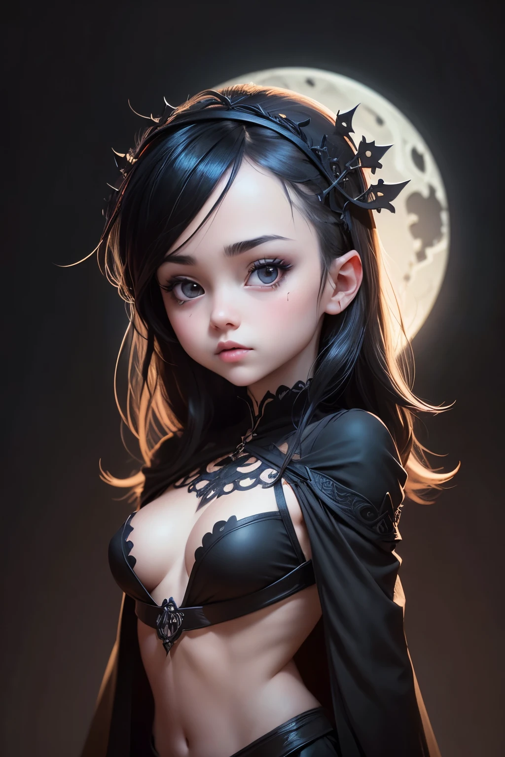 naked little tits, 2D, ((Black background: 1, 5)), vector, bright colors, Medieval chibi clothing character, masterpiece, Best quality, complex parts, perfectly symmetrical face, realistic details, Gothic theme, Lighting rim, Moonlight, cinematic shading, Greg Rutkowisk