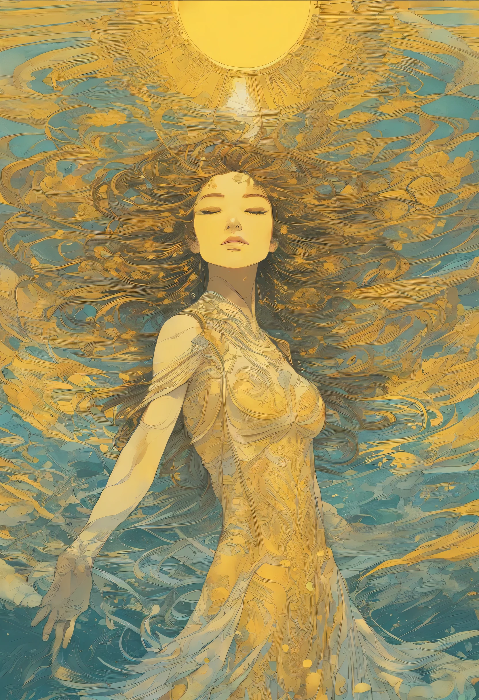 a close up of a person in the water with a sun above them, the girl and the sun, glowing yellow face, inspired by Yoshio Markino, inspired by Philippe Druillet, as the goddess of the sun, omori, melting sun, goddess of the sun, by Yoshio Markino, yellow aura, kazuo umezu artwork, official artwork