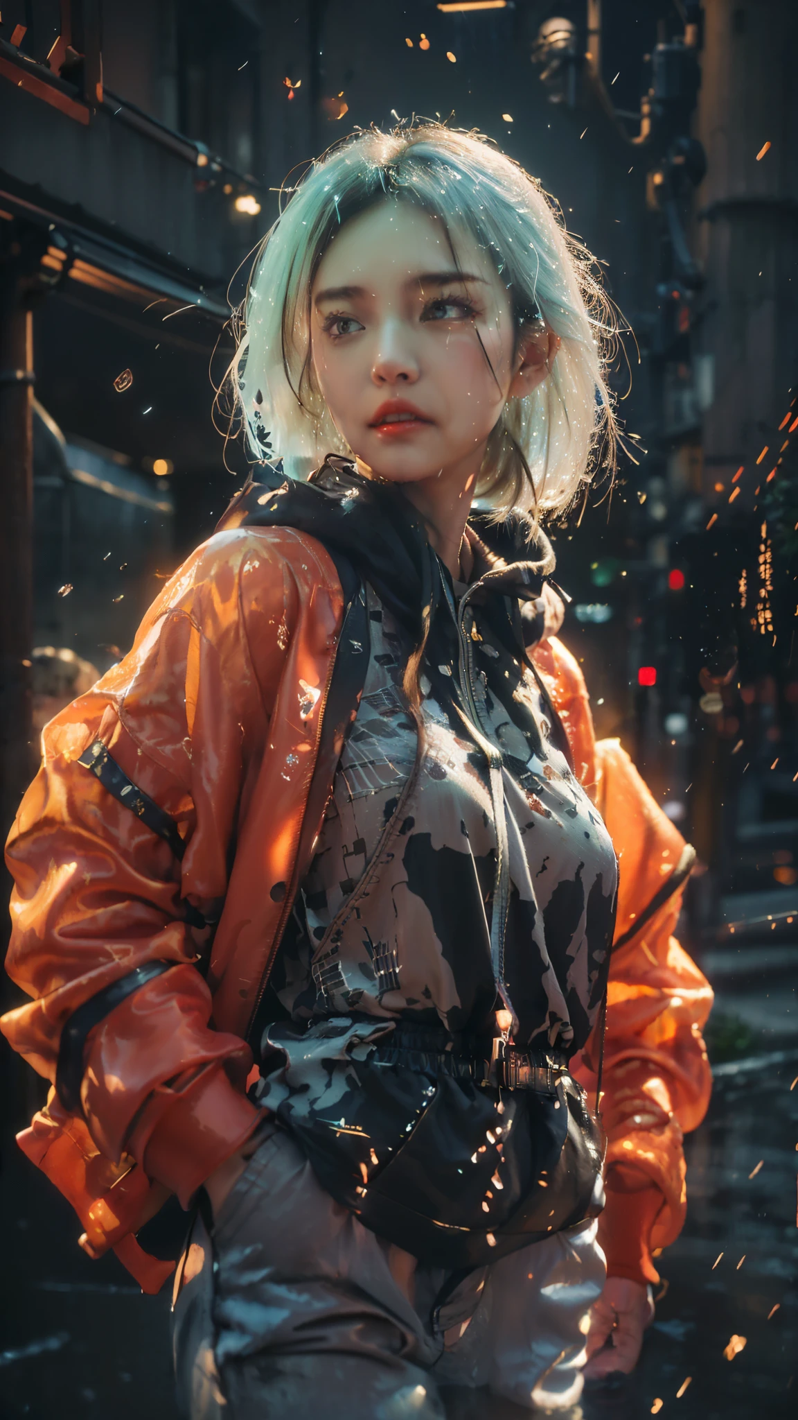 Best quality at best, Raw image, realistic texture, ((reflection)), steampunk city of Japanese, village of Japanese, japan gate, Chinese architecture, Japanese architecture, 1girl, beautiful chinese face, eye focus, (girl focus), wear focus, sneaker focus, (relax pose), relax hand, black gradient white hair, epic dramatic cinematic tone, soft lighting, (( perfect female hair masterpiece)), (SLIM long PANTS), light black hair, 18-year-old face woman, detail of beautiful eye masterpiece, pores1.5, detail skin masterpiece, realistic shadow, slender legs, very slender female physique, yellow jumper hoodie, oversize hoodie, cotton wearing masterpiece, realistic texture sneakers shoe, tall girl, brunette black hair, Chinese woman, Live the life of Riley, ((long solid cotton trousers)), clear sky, cyberpunk backpack, (youth sneaker shoe), ((Depth of field super bokeh)), reflection, lighting from side masterpiece, dramatic side lighting, Background blur, light ray realistic masterpiece, warm sun light, warm ray light, glow lighting, random light color for the best combination, (best texture masterpiece (texture girl cotton wearing, book, television, radio, box, realistic alleyway, realistic brick walls, realistic doors, realistic windows, realistic ground texture, realistic cobblestone, realistic paved ground, realistic street lights, realistic neon signs, realistic beverage cans, realistic bottles, realistic posters, realistic graffiti, realistic drain pipes, realistic wiring, realistic sky, realistic rooftop, realistic plants, realistic weeds, realistic parked bicycles, realistic wood material, realistic puddles, realistic wet)), vivid color, vivid glow color masterpiece, slim cotton trousers, youth hoodie, super cotton wearing, beauti face, ((random best contrast setting)), japan gate, japan wood pillar, ((Japanese building)), cyberpunk city, water, water in the ground, wet in the ground, (ultra wall texture),((vivid color)),