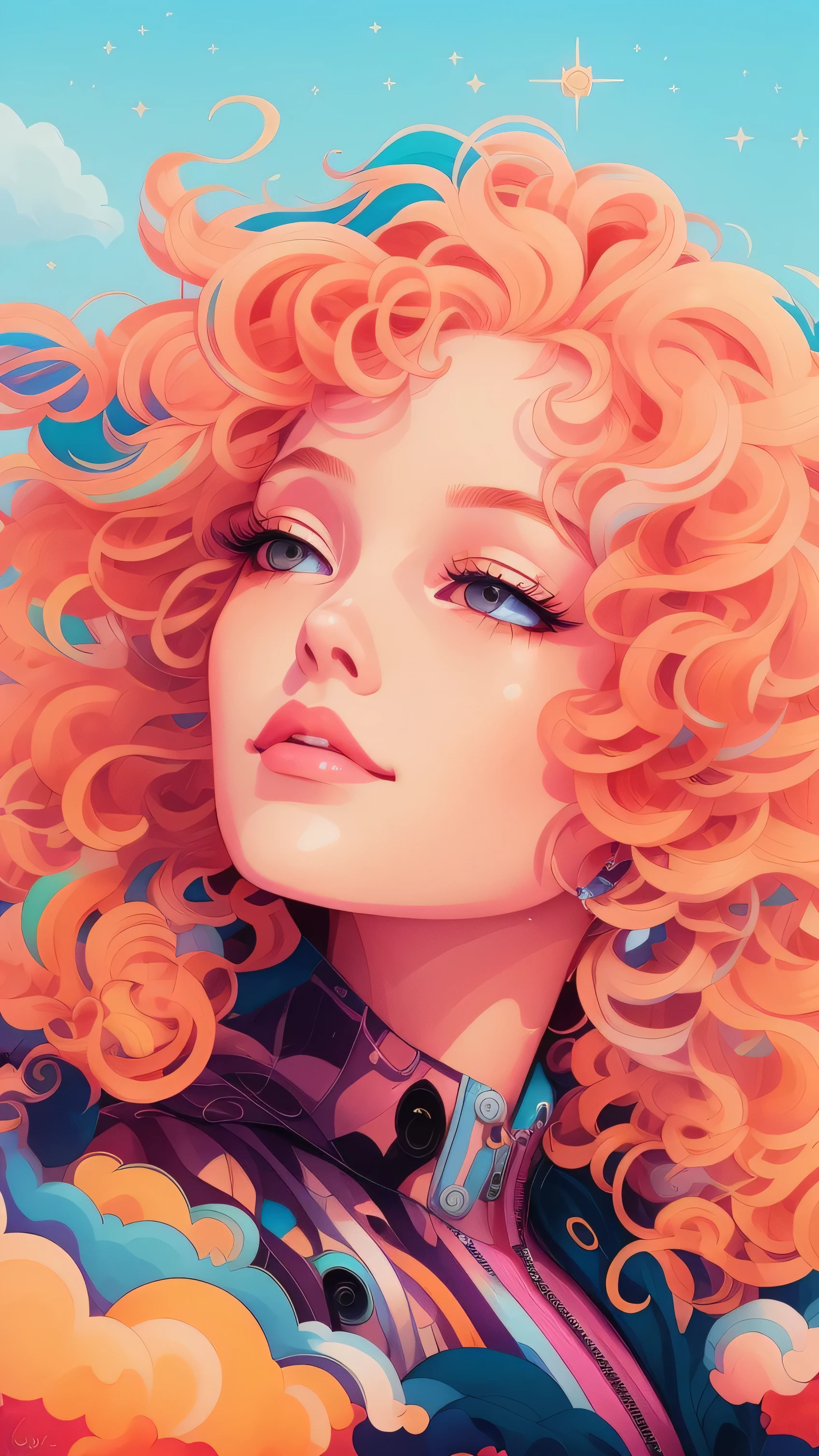 blond woman with curly hair and blue jacket in the clouds, jen bartel, rhads and lois van baarle, inspired by Harumi Hironaka, inspired by Audrey Kawasaki, cloud goddess, by Audrey Kawasaki, anime girl with cosmic hair, beeple and jeremiah ketner, artgerm and james jean, moebius + loish + wlop