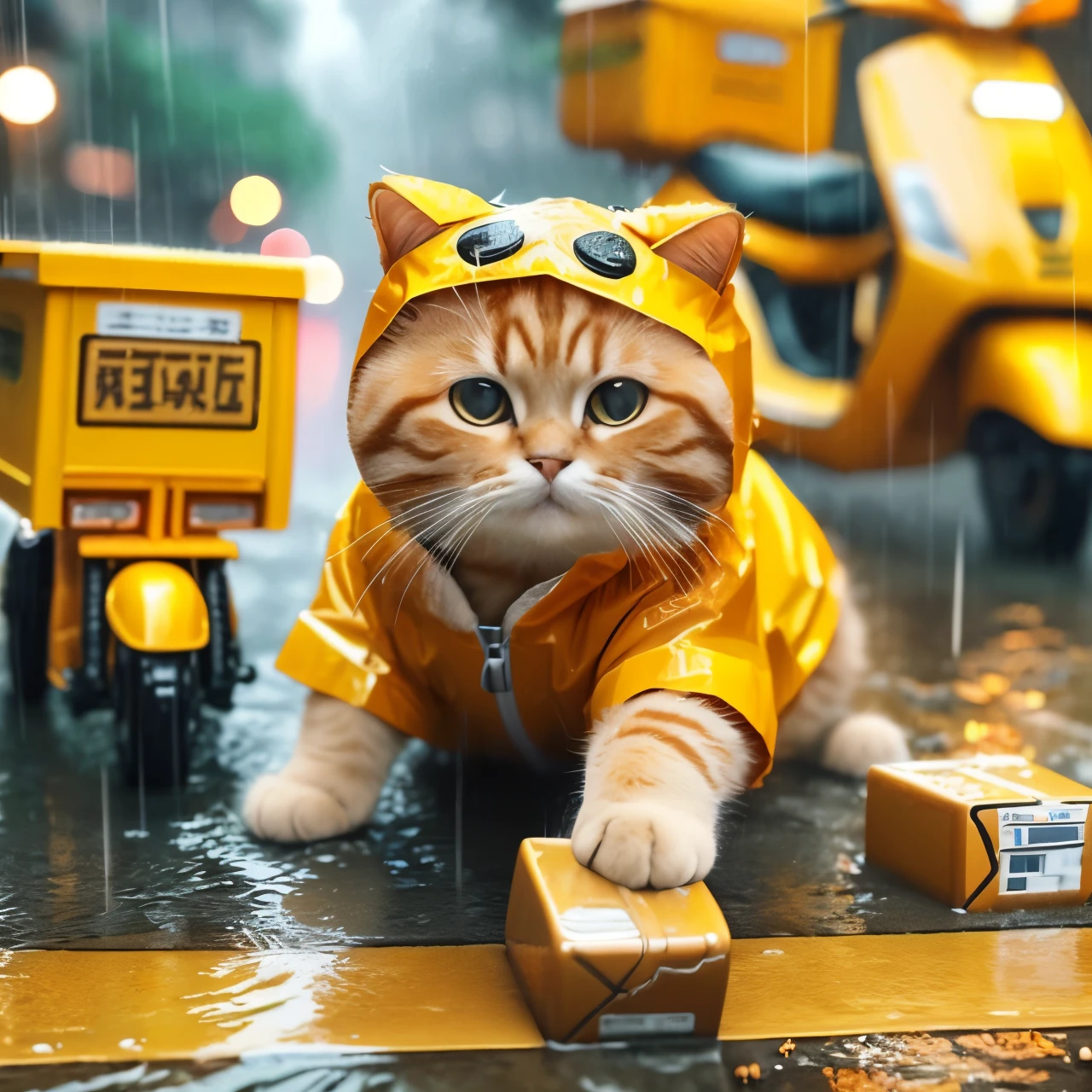 there is a cat that is wearing a raincoat and standing in the rain, cute cat, rain!, adorable digital painting, 在一个rain天, Very realistic, Super realistic picture, in the rain, it\'s rain, raincoat, orange cat, cute cat photo, very Very realistic, ginger cat, Andrei Gordeev, rain outside