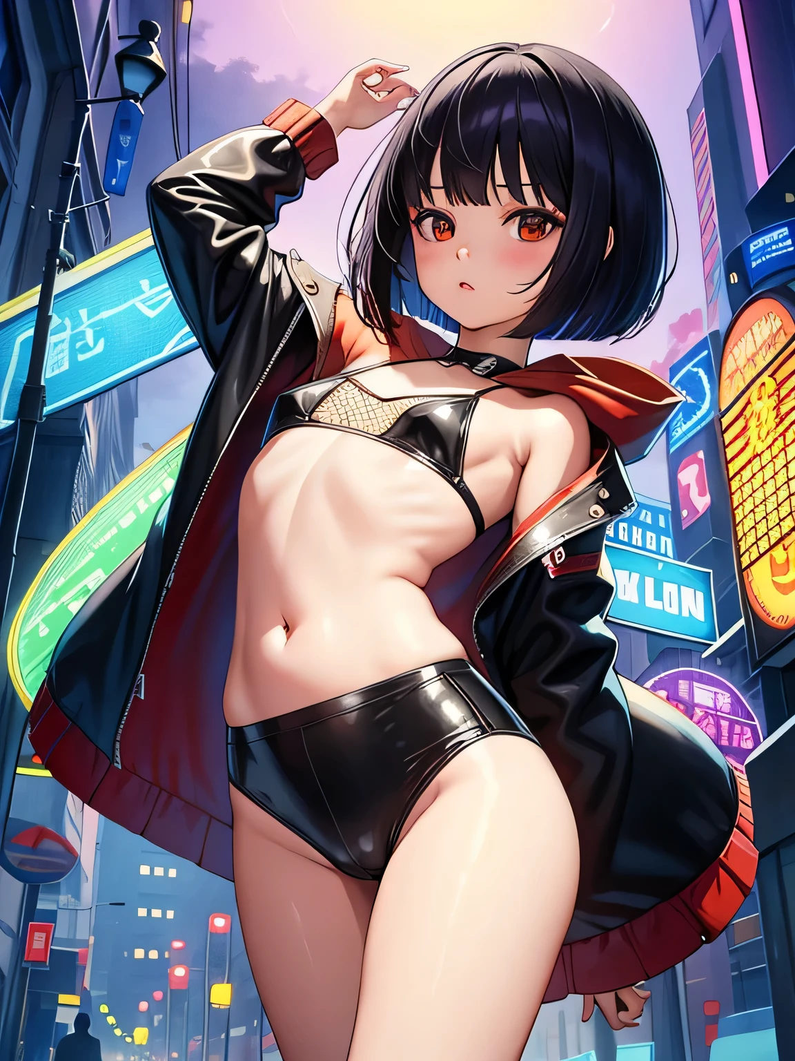 Super energetic elementary school girl , masterpiece, highest quality, abstract, psychedelic, neon, (honeycomb pattern), (creative:1.3), fantasy 00d、Spreading black hair、bob cut with trimmed ends、flat chest、Thin crotch、con、Kneel on the sidewalk、belly button、High-leg style、red cloak、pointed nipples、A large amount of semen gets on the body