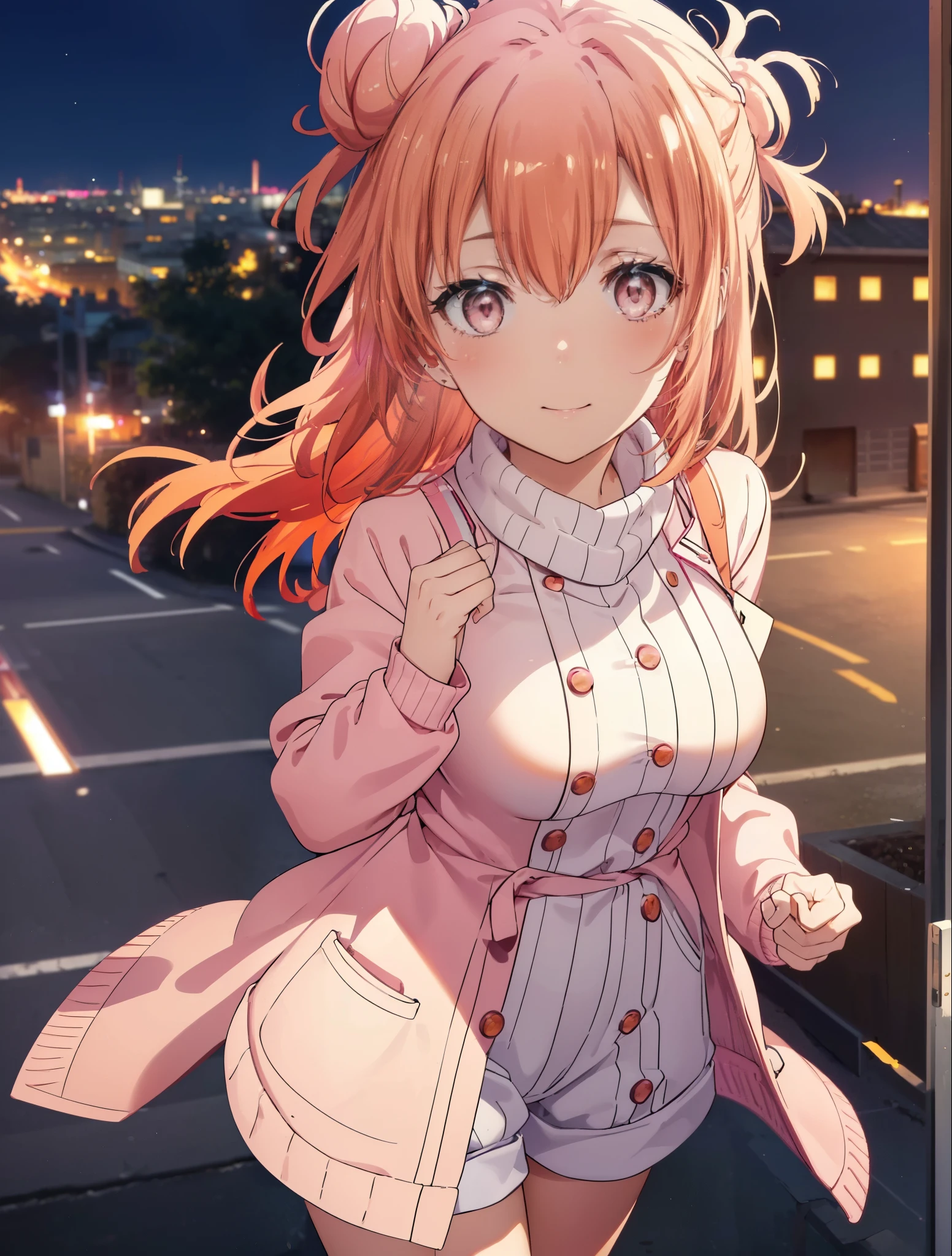 yuiyuigahama, yui yuigahama, long hair, (pink eyes:1.5), (orange hair:1.2), bun hair, single bun hair,blush, smile, (big breasts:1.2),red muffler,Pink long coat　Open the button,white sweater,shorts,black knee high socks,short boots,evening,sunset,
break outdoors,city,building street,
break looking at viewer,whole body,peek from above, (cowboy shot:1.5),
break (masterpiece:1.2), highest quality, High resolution, unity 8k wallpaper, (shape:0.8), (beautiful and detailed eyes:1.6), highly detailed face, perfect lighting, Very detailed CG, (perfect hands, perfect anatomy),