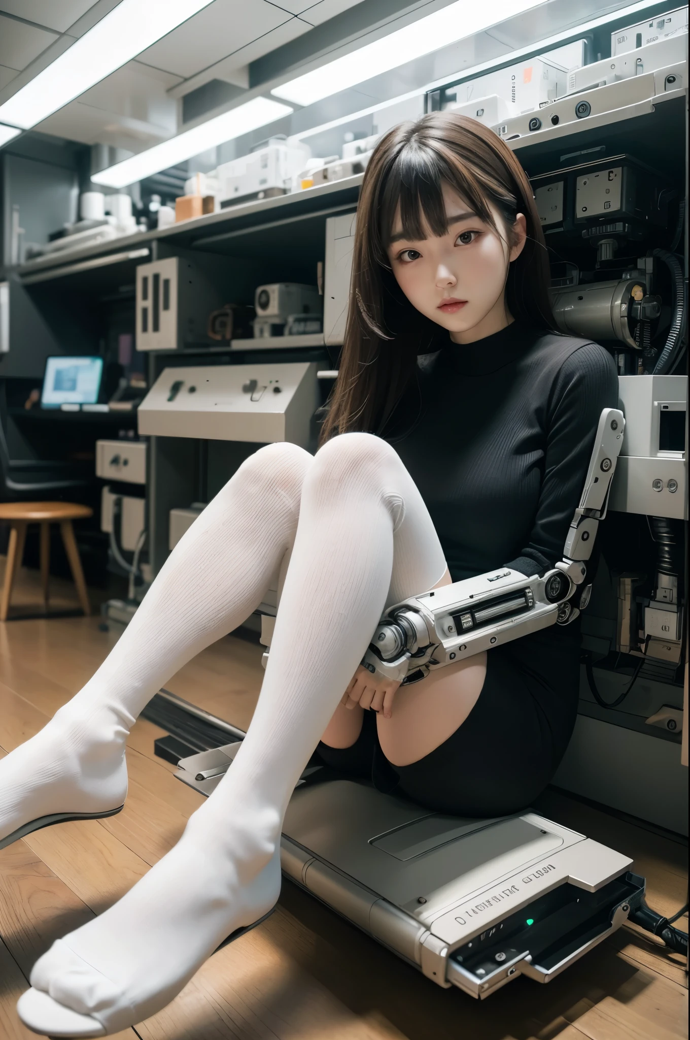 masterpiece, best quality, extremely detailed,8kportrait,Japaese android Girl,Plump , control panels,Mechanical Hand, ,Robot arms and legs, Blunt bangs,future laboratory,charging spot,sit on the floor,stretch her legs,high socks