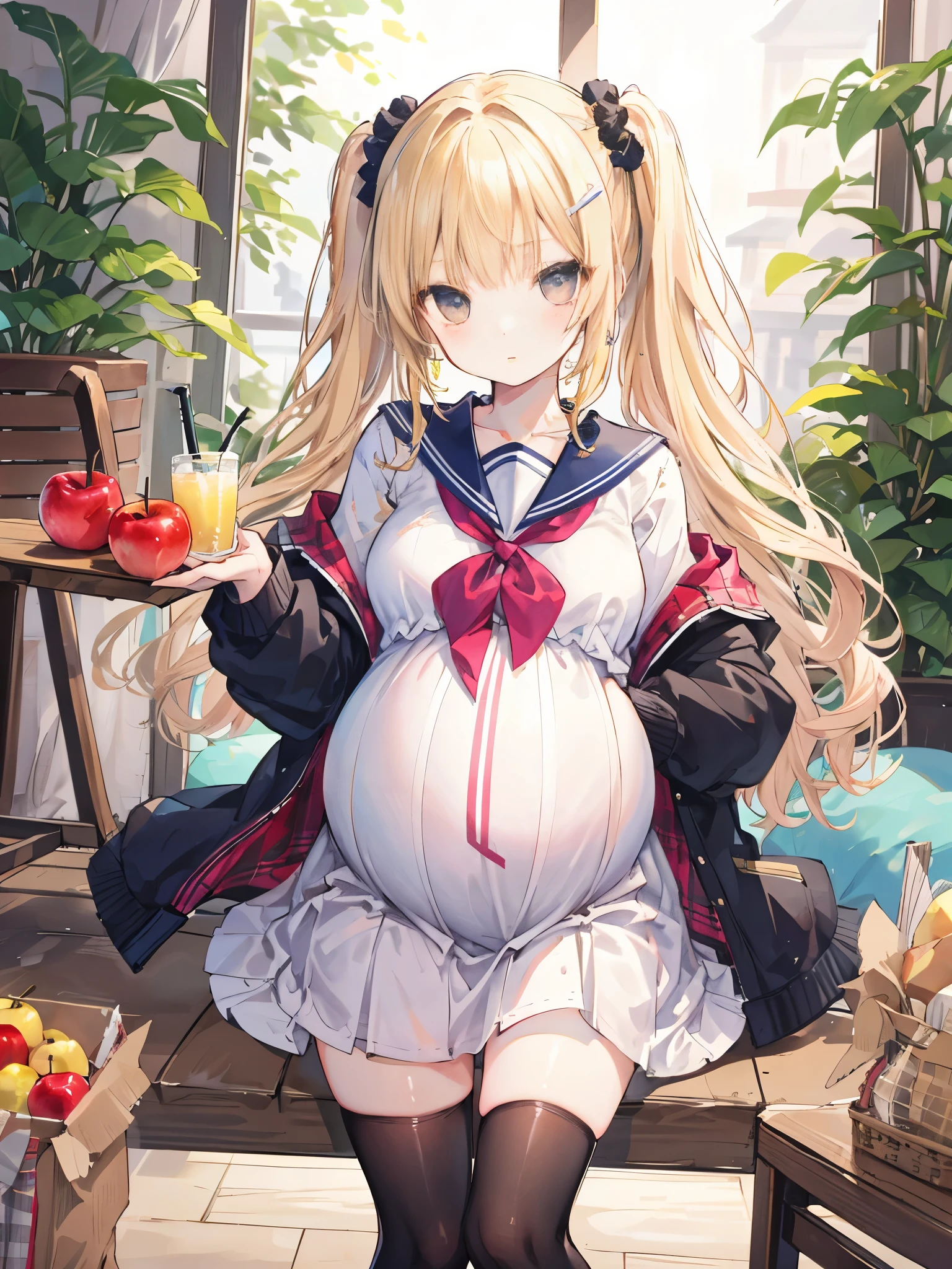 masterpiece, best quality,pregnant junior high school girl、(1girl,solo)、
blonde hair,twintails hairstyle、
Scrunchie decoration on hair、
(maternity wear、ridge knitting)、
matanity wear under sailor jacket、
open jacket、long skirt、
Thighhighs of black 、
drink apple juice