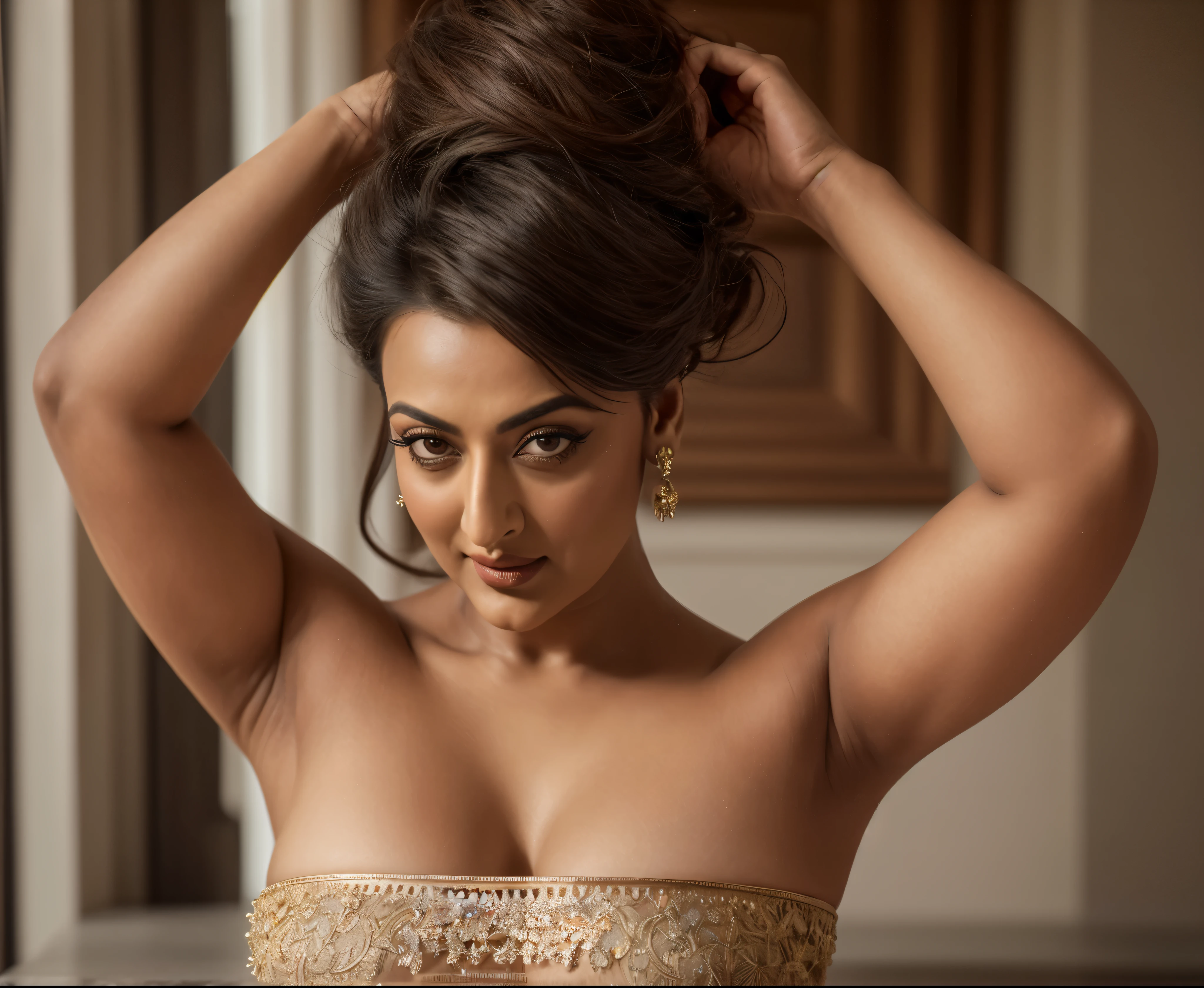 50yo mature MILF Sonakshi Sinha,((best quality)), ((masterpiece)), ((realistic)), sweat, alluring figure,  bulging figure, thick charming lady, curvy, thick navel, full figured woman, eye kajal, massive breast, full body, styled hair, pierced eyes, female face,royal aura, trend on artstation , perfect eyes, sharp focus, studio photo, intricate detail, very detailed, detailed eye, illustration, perfect fingers, very detailed, sharp focus, digital render, professional, 4k