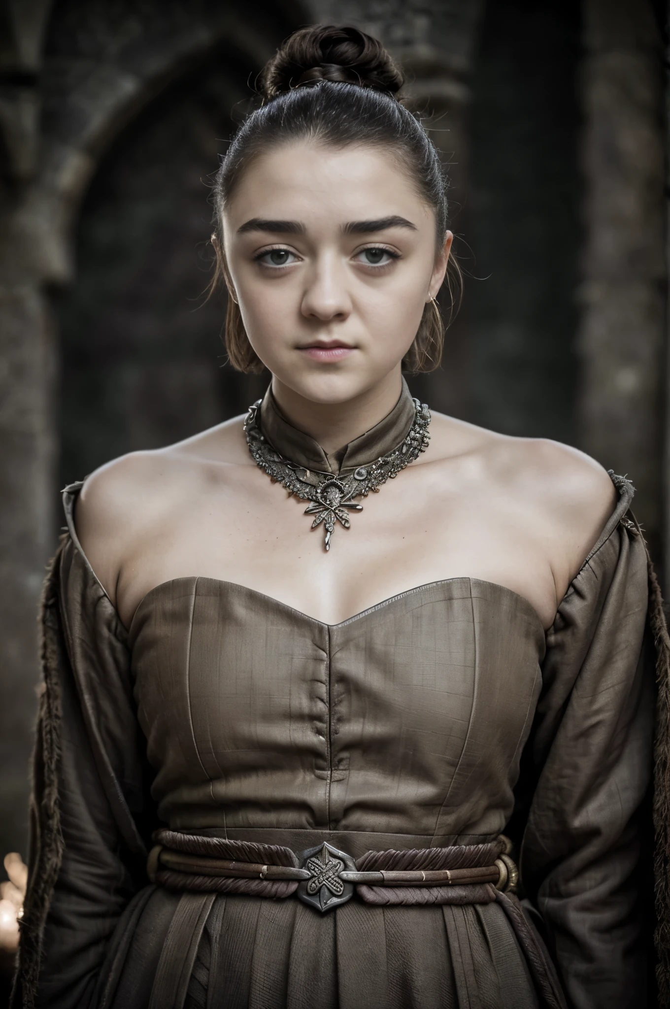 Foto RAW, RAW photograph of Maisie Williams, Arya Stark, Extremely gorgeous lady, Arya Stark PLAYED BY MAISIE WILLIAMS, Queen Arya Stark, she  a mature woman now, milf, sexy mediaeval battle dress, gladiator woman, body, 40 years old Woman, body revealing costumes, perky breast, skin pores, big natural breast, erotic costumes, lusty physique, seductive figure can capture every people's attention, Game of thrones costumes, revealing captivating figure, Mediaeval costumes, revealing clothes, A tomboy, she would rather fence than dance, warrior queen , game of thrones screen caps, Game of Thrones Series, (pele altamente detalhada: 1.2), 8k UHD, DSLR, soft-lighting, alta qualidade, grain of film, Fujifilm XT3, flawless picture, highly detailed, detailed Beauty, intricate, 32k, sharp picture,