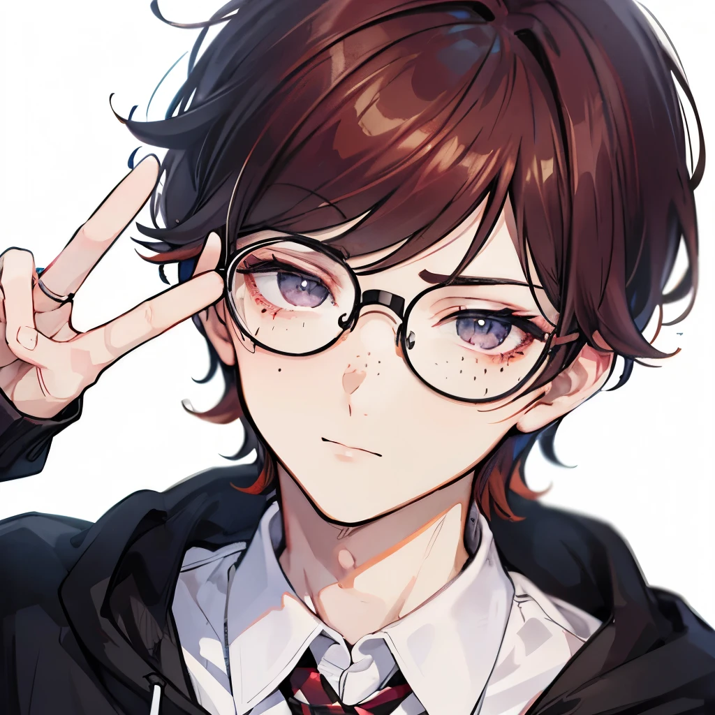 A nerdy male, auburn hair, dark black eyes, face close up, face picture, glasses, nerd boy, freckles, dweeb, geek, peace sign, one hand