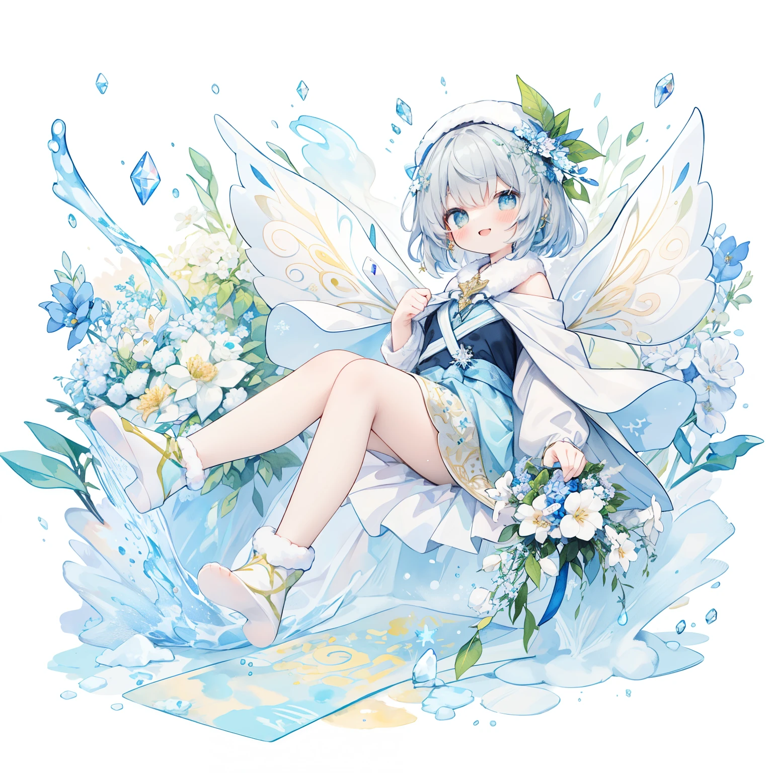 ski jumping hill、1 girl:1.5、、(pastel colour:1.3)、(cute illustration:1.3)、(watercolor painting:1.1)、(She wears transparent and sparkling crystal wings.。.。.。.。.。:1.5)、laughter、Hands under the chin、 detailed background、smile with open mouth、beautiful and detailed、Moya、Colorful、marble、particles of light、pattern、rightward、Shirayuki Noel、snowflake、Diamond dust、gray hair、braid hair、jump、floating、full body beer、Knitted hats、 Detail view、Bright colors、striking contrast、intricate details、delicate depiction、luminescent、From the side、beautiful features、bright colored eyes、Wearing elaborate and delicate jewelry、shining aura、shining hair,Illuminated by the morning light、winter wreath、Pale light blue background、Fairy with a bouquet of flowers、Fancy Fairy、gray hair、Bun head、jump、floating、Full body Esbian
