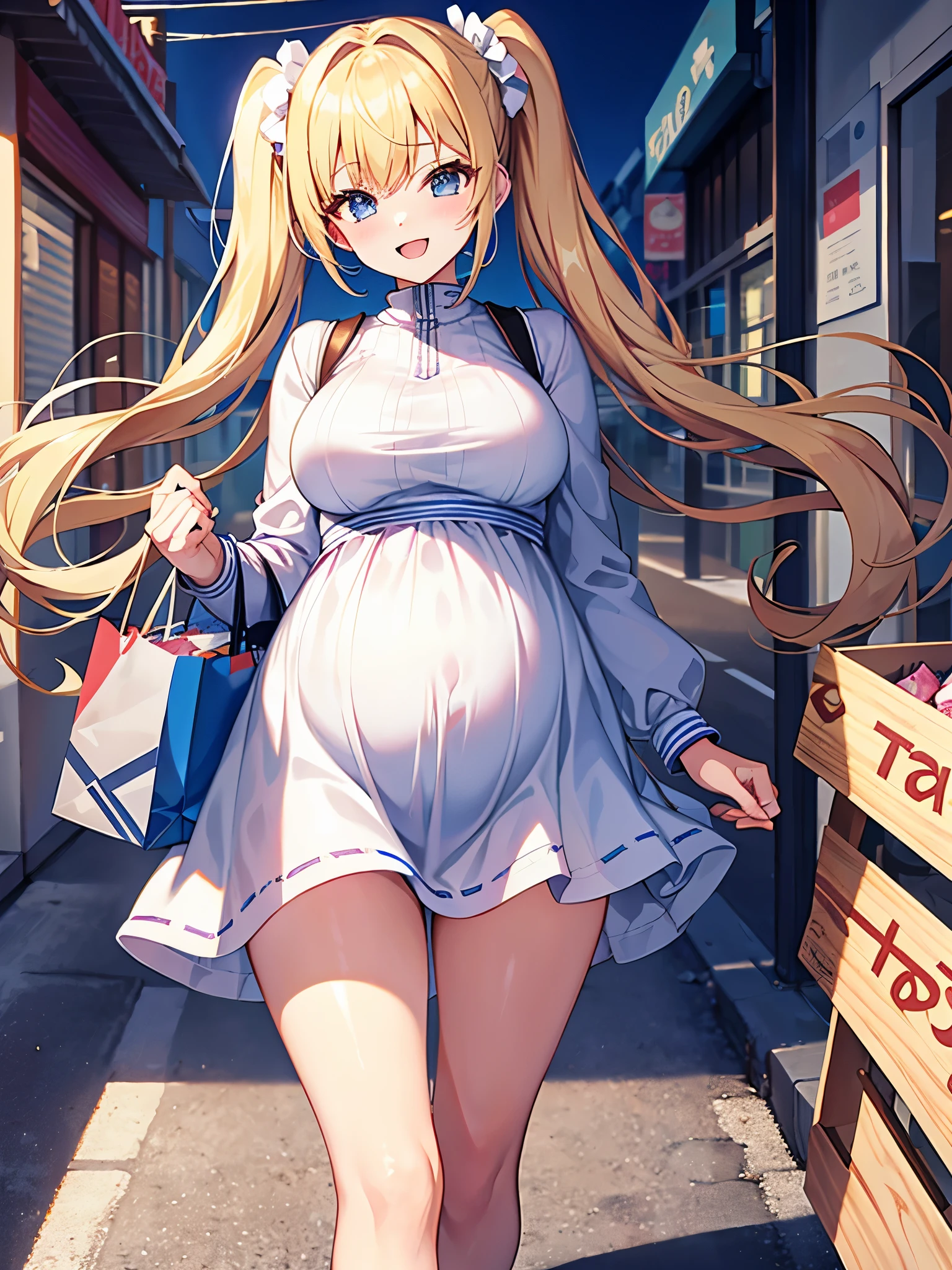 masterpiece, best quality,pregnant high school(1girl,solo)、
blonde hair,twintails hairstyle、Scrunchie decoration on hair、smile、
(maternity wear、ridge knitting)、
walk in (shopping district)、(99 mob)、
(shopping expert)、